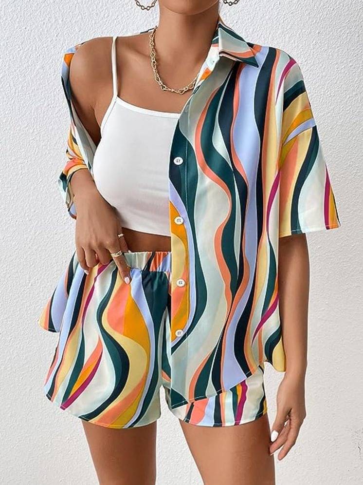     			COOL AND CASUAL Women Printed Shirt With Shorts Co-Ord Set ( Multicolor )