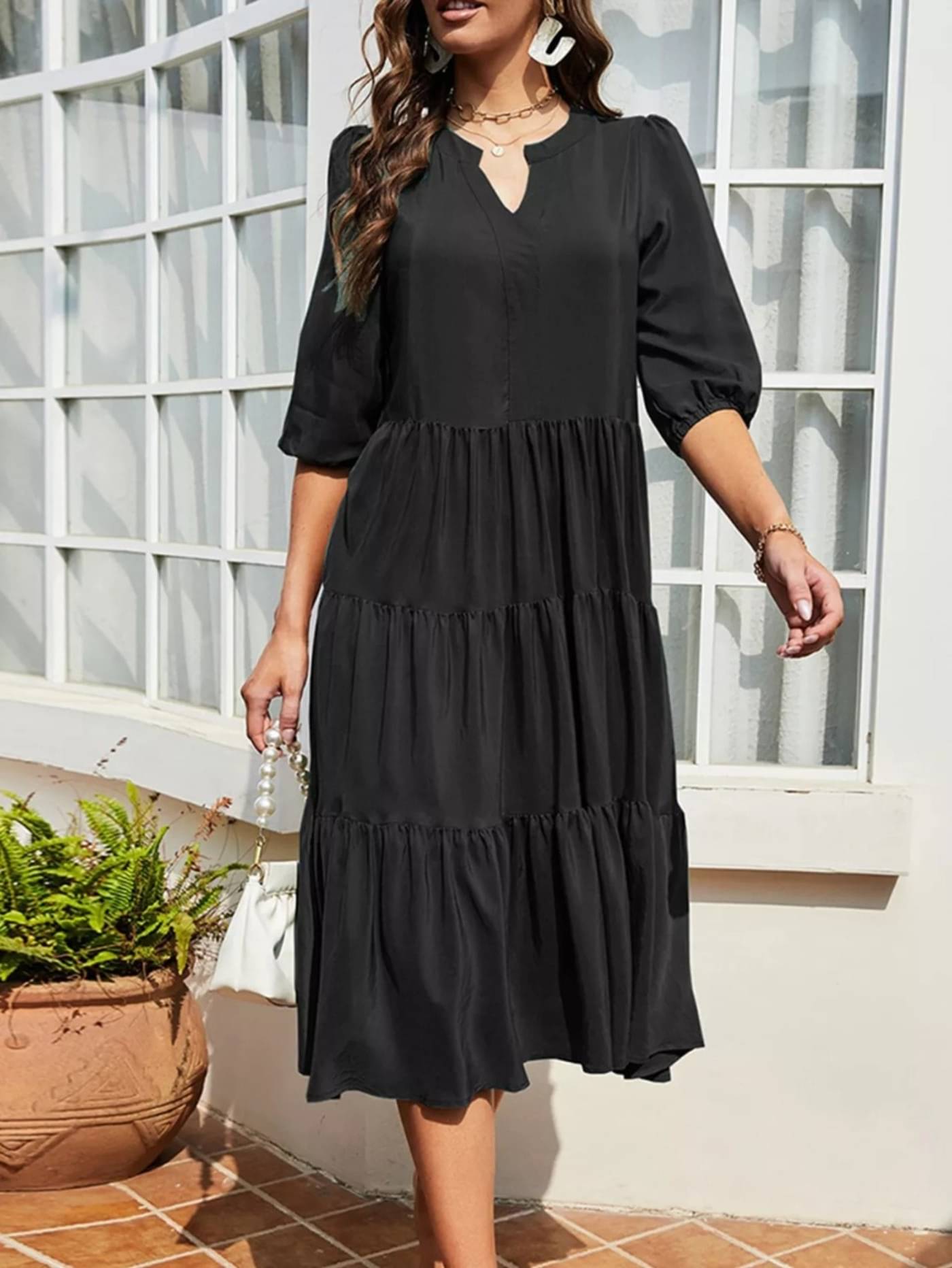 Estela Women Rayon Solid Fit & Flare Dress ( Black ) Estela Women Rayon Solid Fit & Flare Dress ( Black )