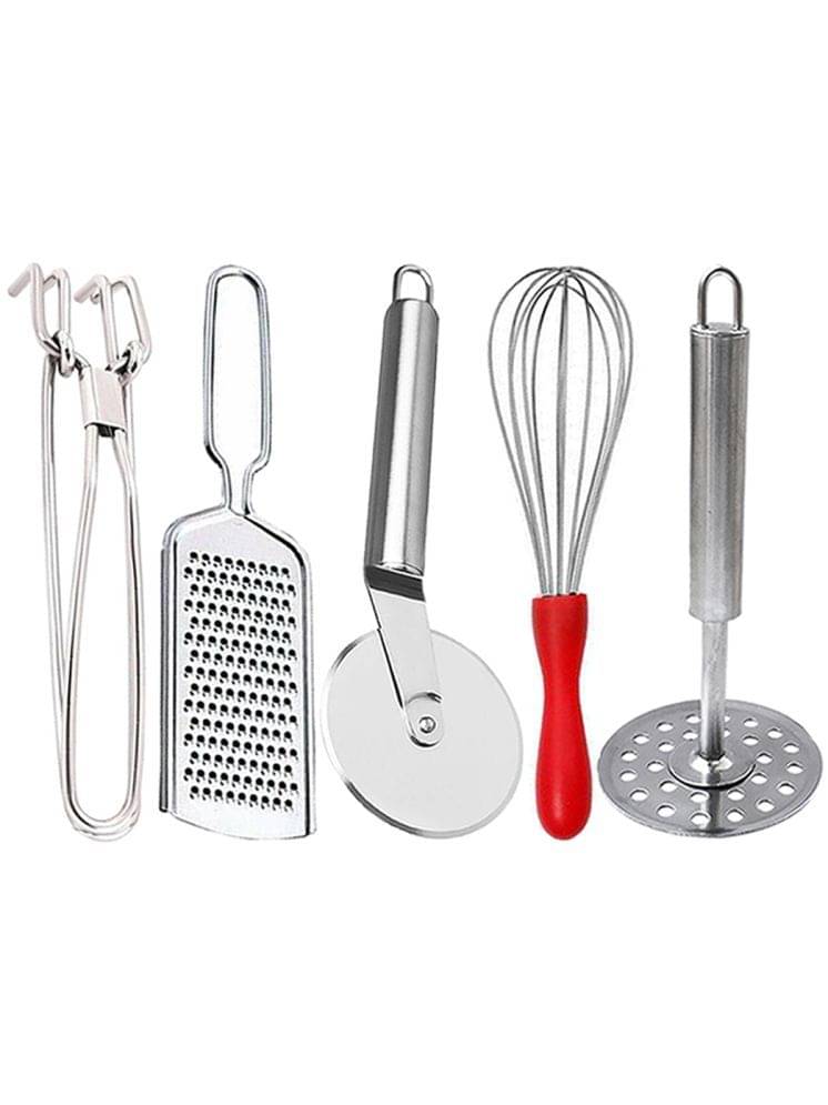 JISUN Silver Stainless Steel Pakkad+Wire Grater+Whisk+Pizza Cutter+Masher ( Set of 5 ) JISUN Silver Stainless Steel Pakkad+Wire Grater+Whisk+Pizza Cutter+Masher ( Set of 5 )
