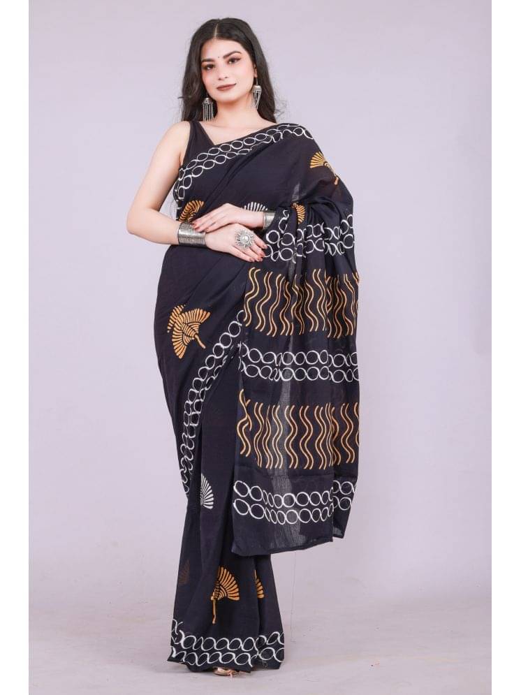     			NOITAERCPR Cotton Printed Saree With Unstitched Blouse Piece ( Black )