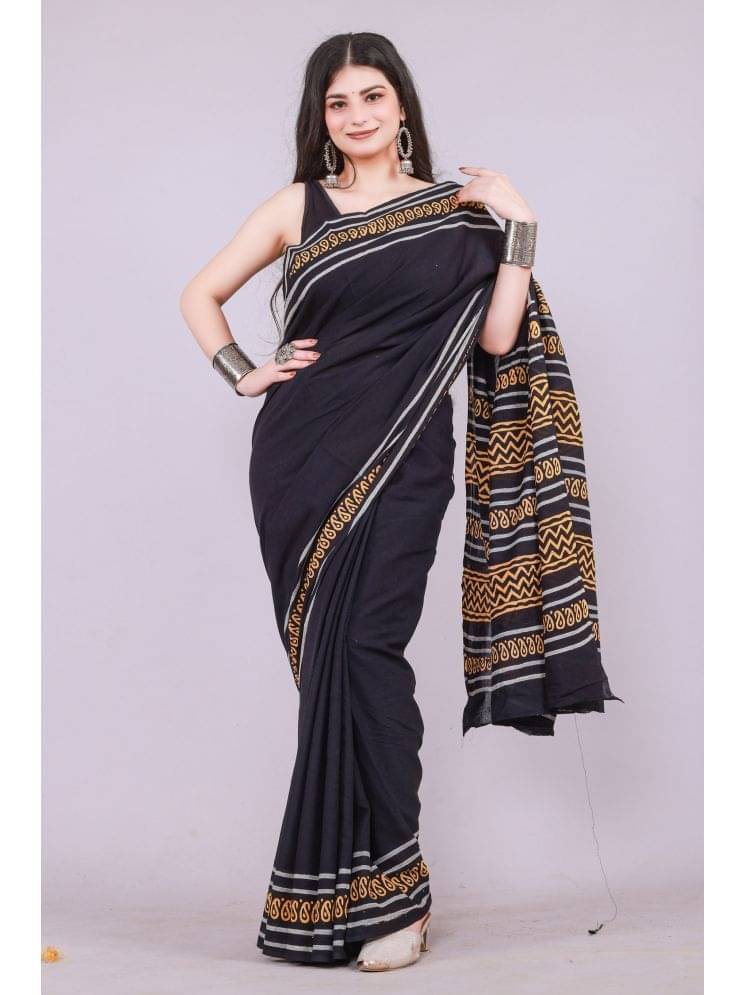     			NOITAERCPR Cotton Printed Saree With Unstitched Blouse Piece ( Black )