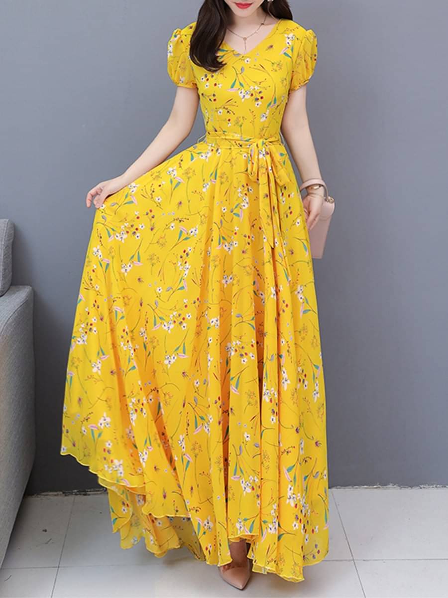 Raabta Fashion Women Georgette Printed Fit & Flare Dress ( Yellow ) Raabta Fashion Women Georgette Printed Fit & Flare Dress ( Yellow )