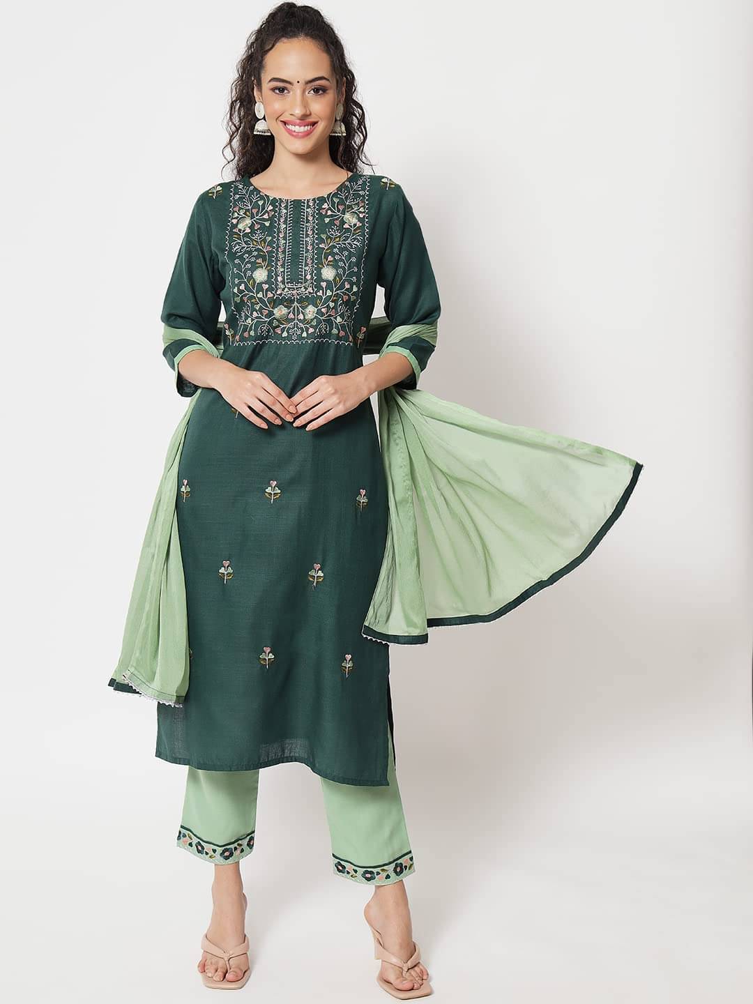 VredeVogel Cotton Blend Embroidered Kurti With Pants Women's Stitched Salwar Suit - Green ( Pack of 1 ) VredeVogel Cotton Blend Embroidered Kurti With Pants Women's Stitched Salwar Suit - Green ( Pack of 1 )