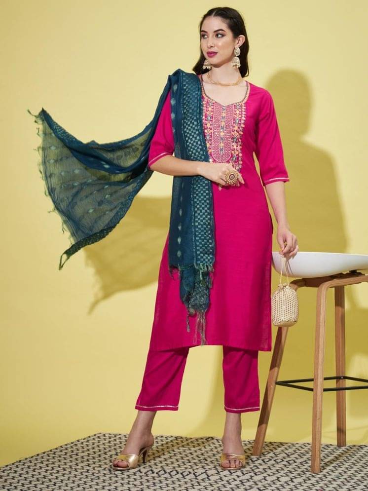 VredeVogel Cotton Silk Embroidered Kurti With Pants Women's Stitched Salwar Suit - Pink ( Pack of 1 ) VredeVogel Cotton Silk Embroidered Kurti With Pants Women's Stitched Salwar Suit - Pink ( Pack of 1 )