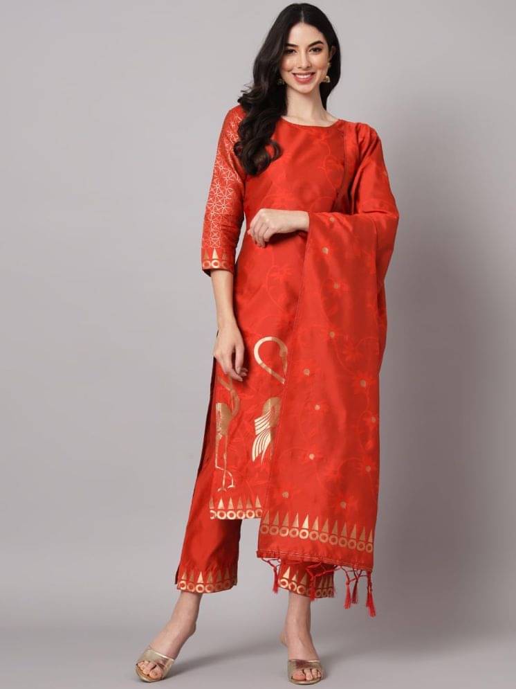 VredeVogel Cotton Silk Self Design Kurti With Pants Women's Stitched Salwar Suit - Red ( Pack of 1 )     			VredeVogel Cotton Silk Self Design Kurti With Pants Women's Stitched Salwar Suit - Red ( Pack of 1 )