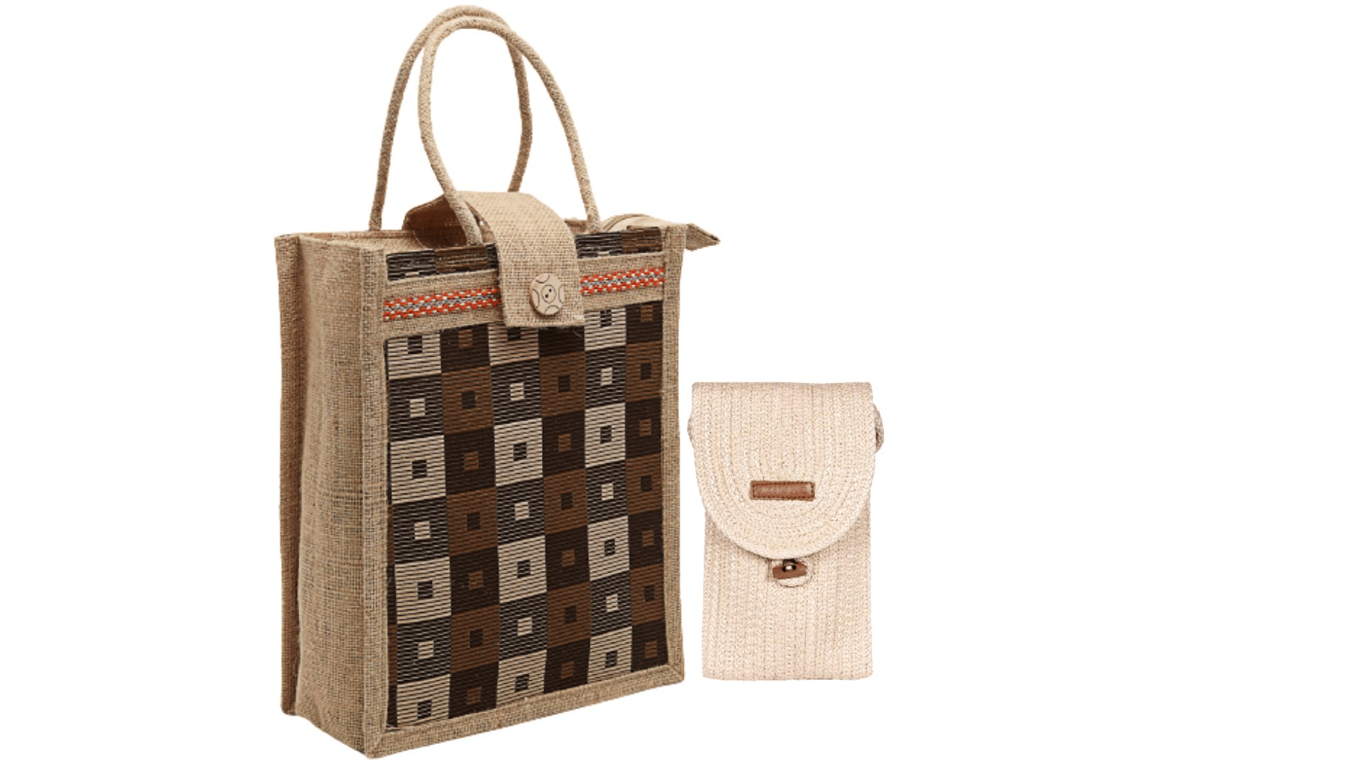     			ENSAC Handheld Bag Jute Set of 2 ( Beige )