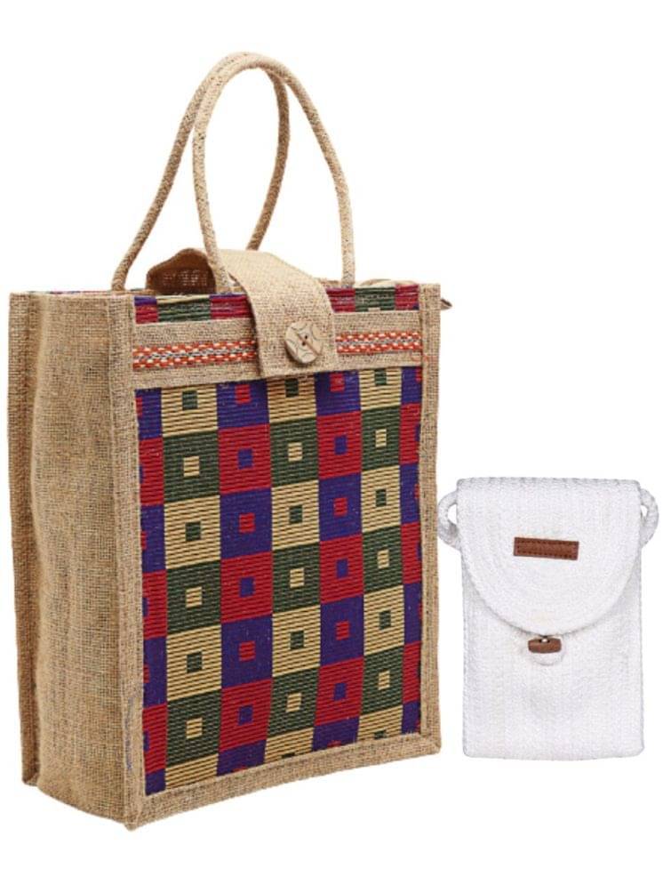     			ENSAC Handheld Bag Jute Set of 2 ( White )