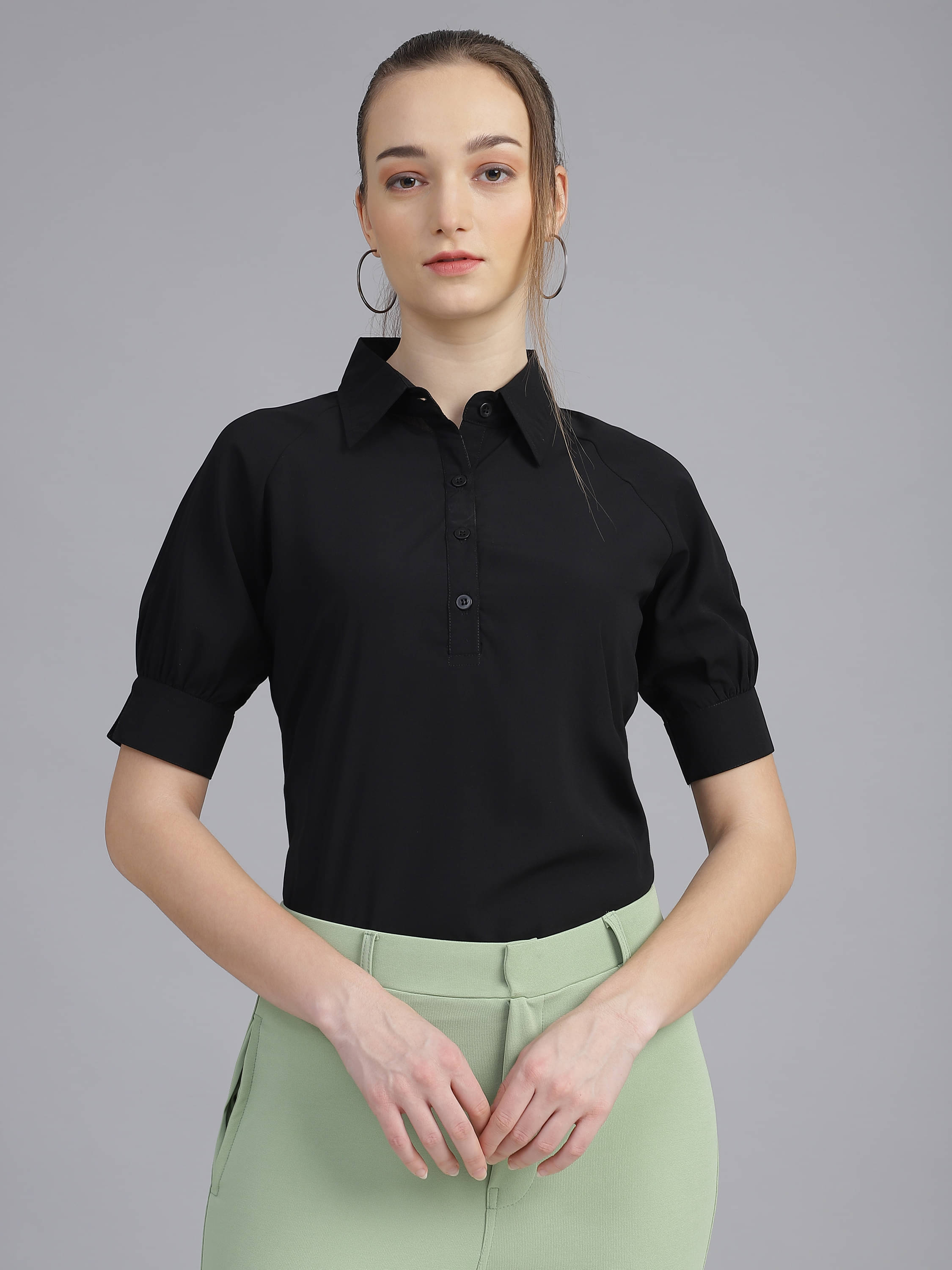 FITHUB Women Solid Polyester Shirt ( Black ) FITHUB Women Solid Polyester Shirt ( Black )