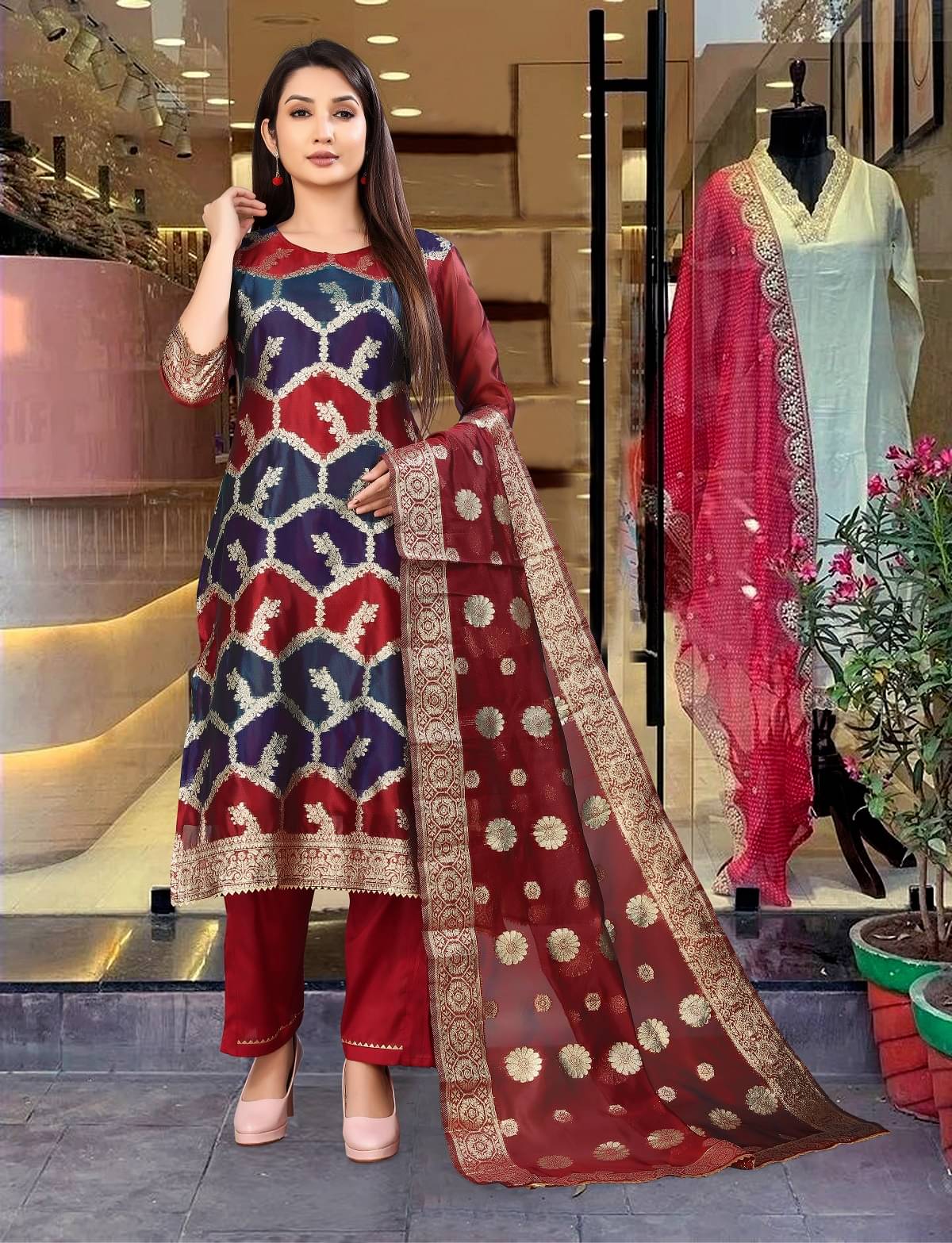     			Gazal Fashions Organza Embellished Kurti With Pants Women's Stitched Salwar Suit - Multicolor ( Pack of 1 )