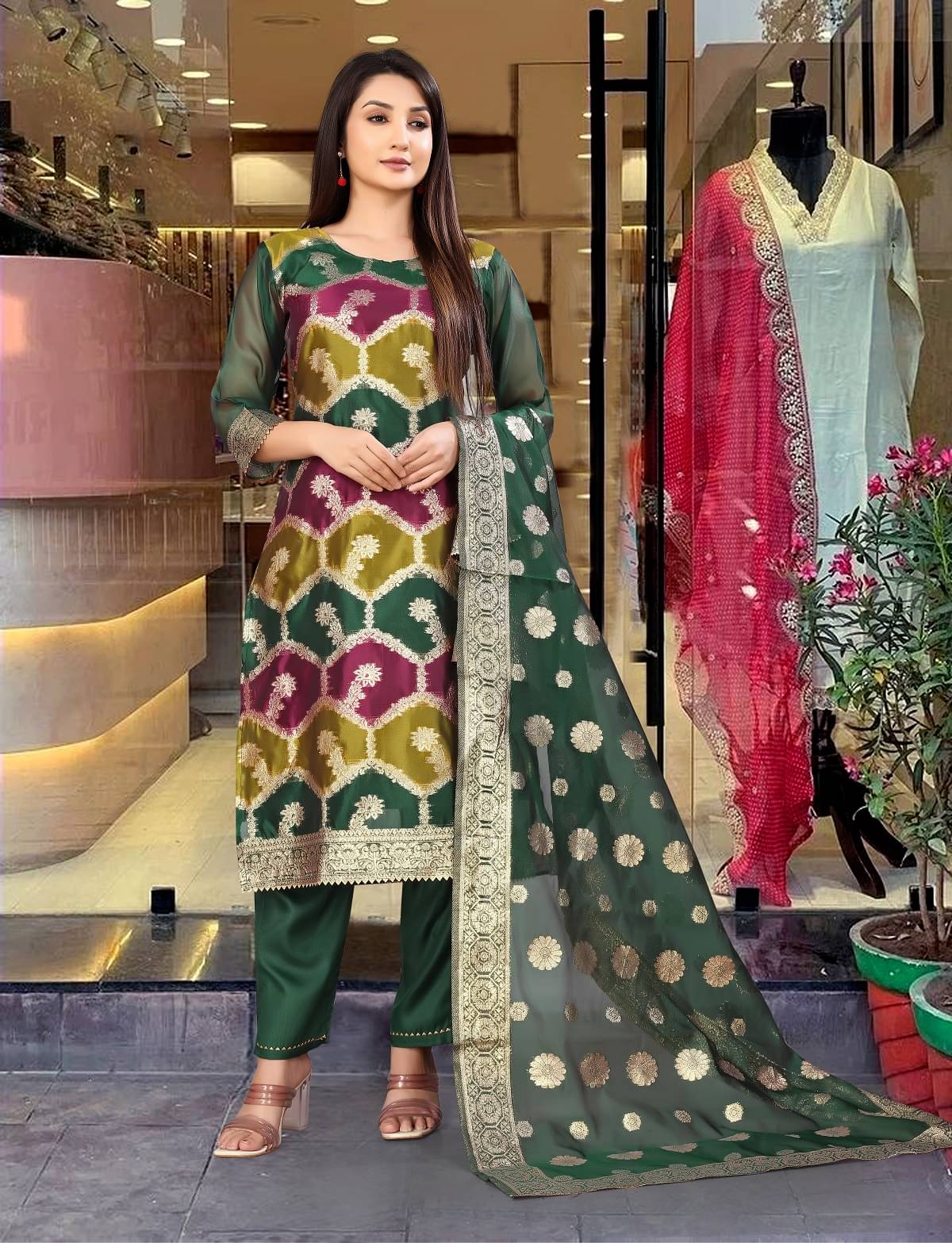 Gazal Fashions Organza Embellished Kurti With Pants Women's Stitched Salwar Suit - Multicolor ( Pack of 1 ) Gazal Fashions Organza Embellished Kurti With Pants Women's Stitched Salwar Suit - Multicolor ( Pack of 1 )
