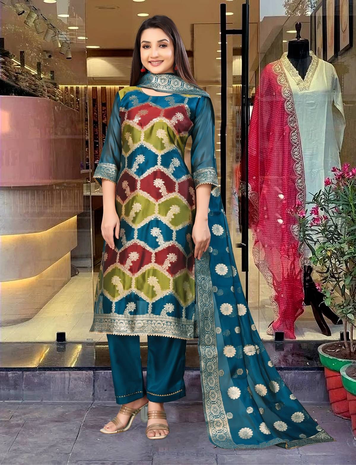 Gazal Fashions Organza Embellished Kurti With Pants Women's Stitched Salwar Suit - Multicolor ( Pack of 1 ) Gazal Fashions Organza Embellished Kurti With Pants Women's Stitched Salwar Suit - Multicolor ( Pack of 1 )