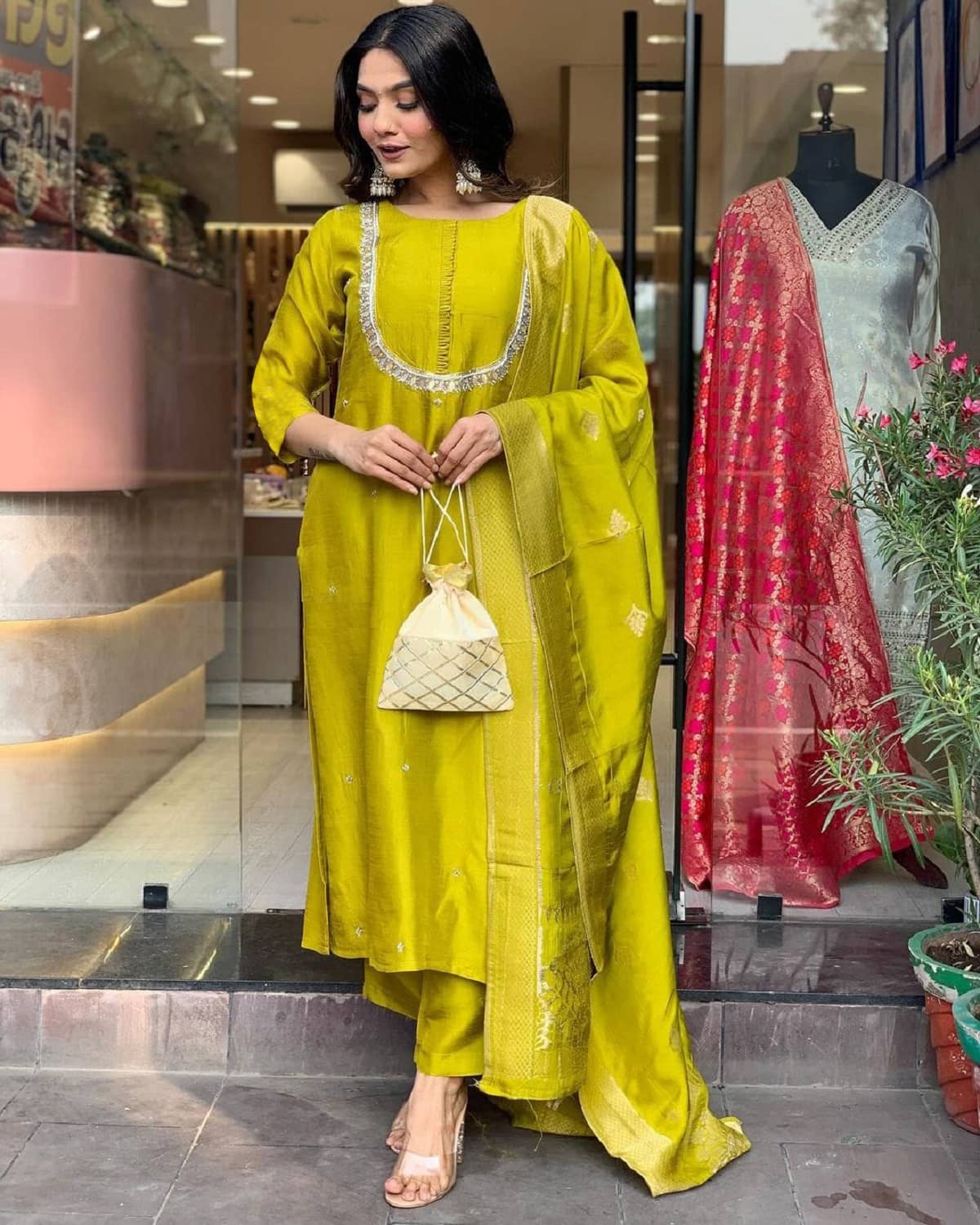 Gazal Fashions Silk Blend Embellished Kurti With Pants Women's Stitched Salwar Suit - Yellow ( Pack of 1 )