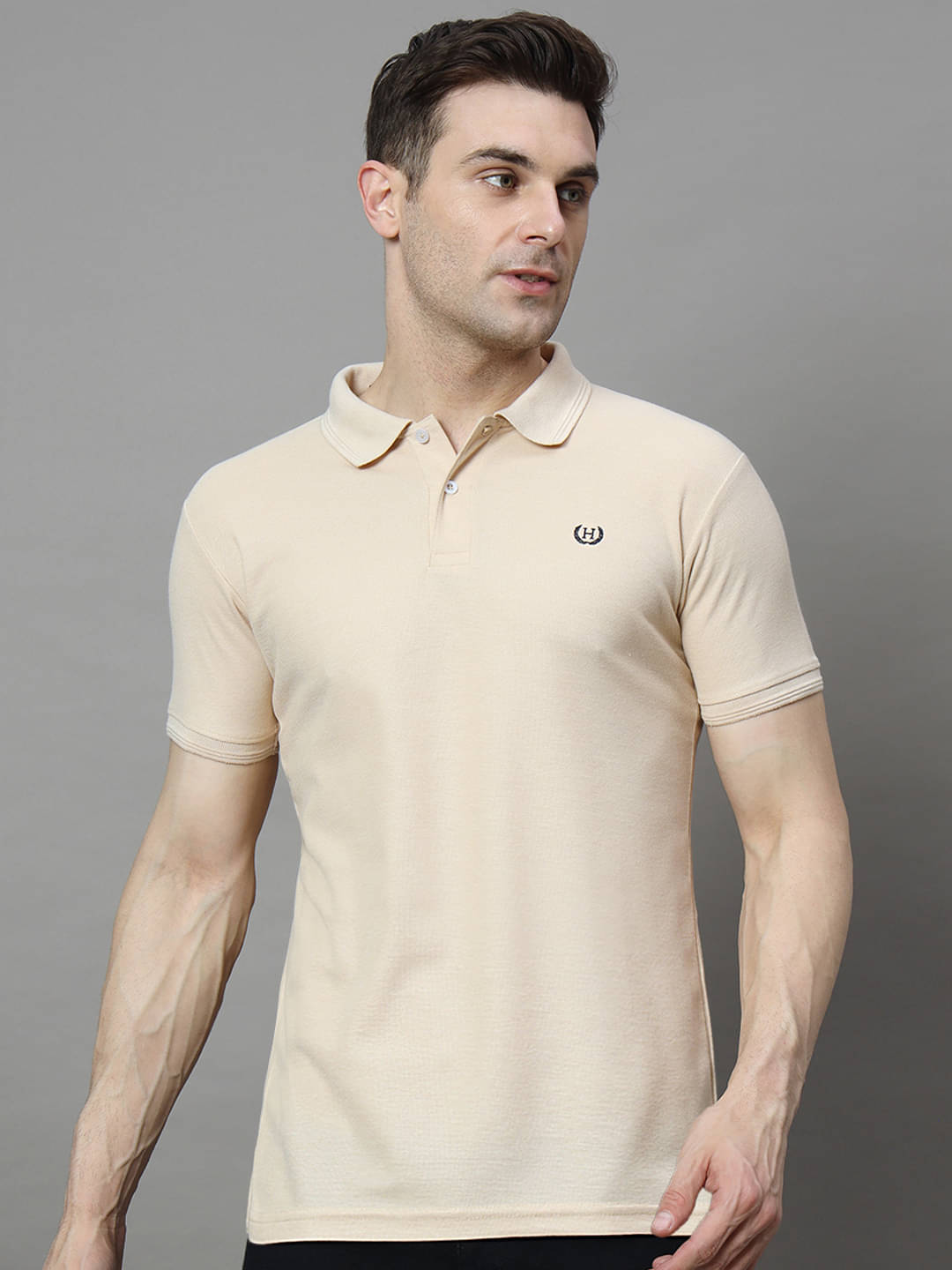 Hushbucks Pack of 1 Cotton Blend Regular Fit Solid Half Sleeves Men's Polo T Shirt ( Beige ) Hushbucks Pack of 1 Cotton Blend Regular Fit Solid Half Sleeves Men's Polo T Shirt ( Beige )