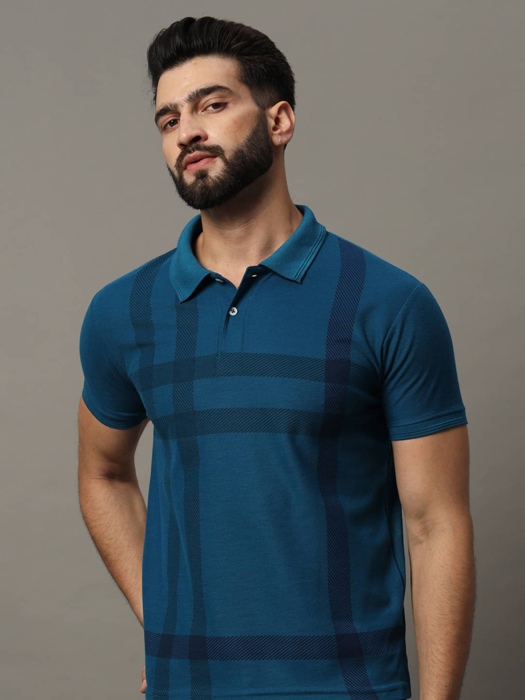     			Hushbucks Pack of 1 Cotton Blend Regular Fit Checks Half Sleeves Men's Polo T Shirt ( Teal Blue )