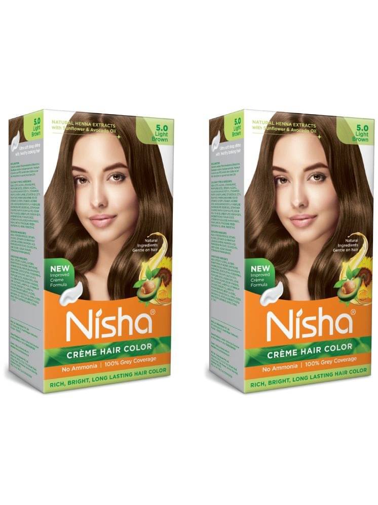 Nisha Creme Hair Color 5.0 Light Brown 120g Pack of 2, Permanent Hair Colour, No Ammonia, 100% Grey Coverage Nisha Creme Hair Color 5.0 Light Brown 120g Pack of 2, Permanent Hair Colour, No Ammonia, 100% Grey Coverage