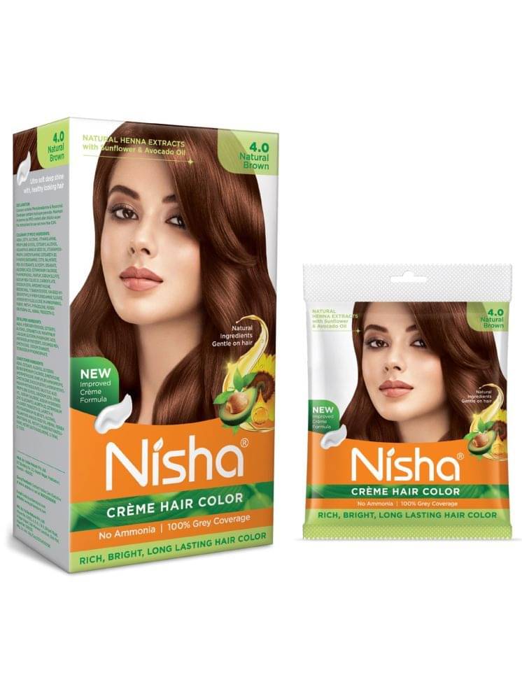 Nisha Creme Hair Color Combo Pack 4.0 Natural Brown (120g Box & 40g Pouch), Ammonia Free Permanent Hair Colour Nisha Creme Hair Color Combo Pack 4.0 Natural Brown (120g Box & 40g Pouch), Ammonia Free Permanent Hair Colour
