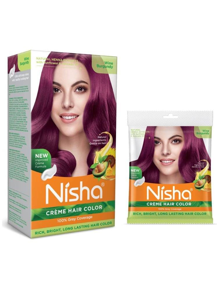     			Nisha Creme Hair Color Combo Pack Wine Burgundy (120g Box & 40g Pouch), Permanent Hair Colour for Women & Men