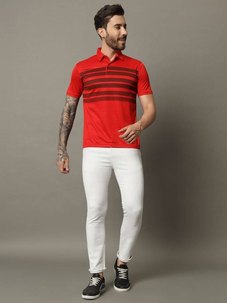     			Nuovo Pack of 1 Polyester Regular Fit Striped Half Sleeves Men's Polo T Shirt ( Red )