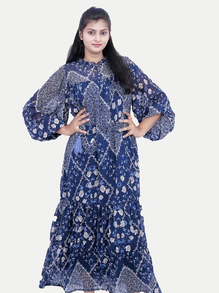     			Radprix Polyester Printed Ankle Length Women's Fit & Flare Dress - Light Blue ( Pack of 1 )