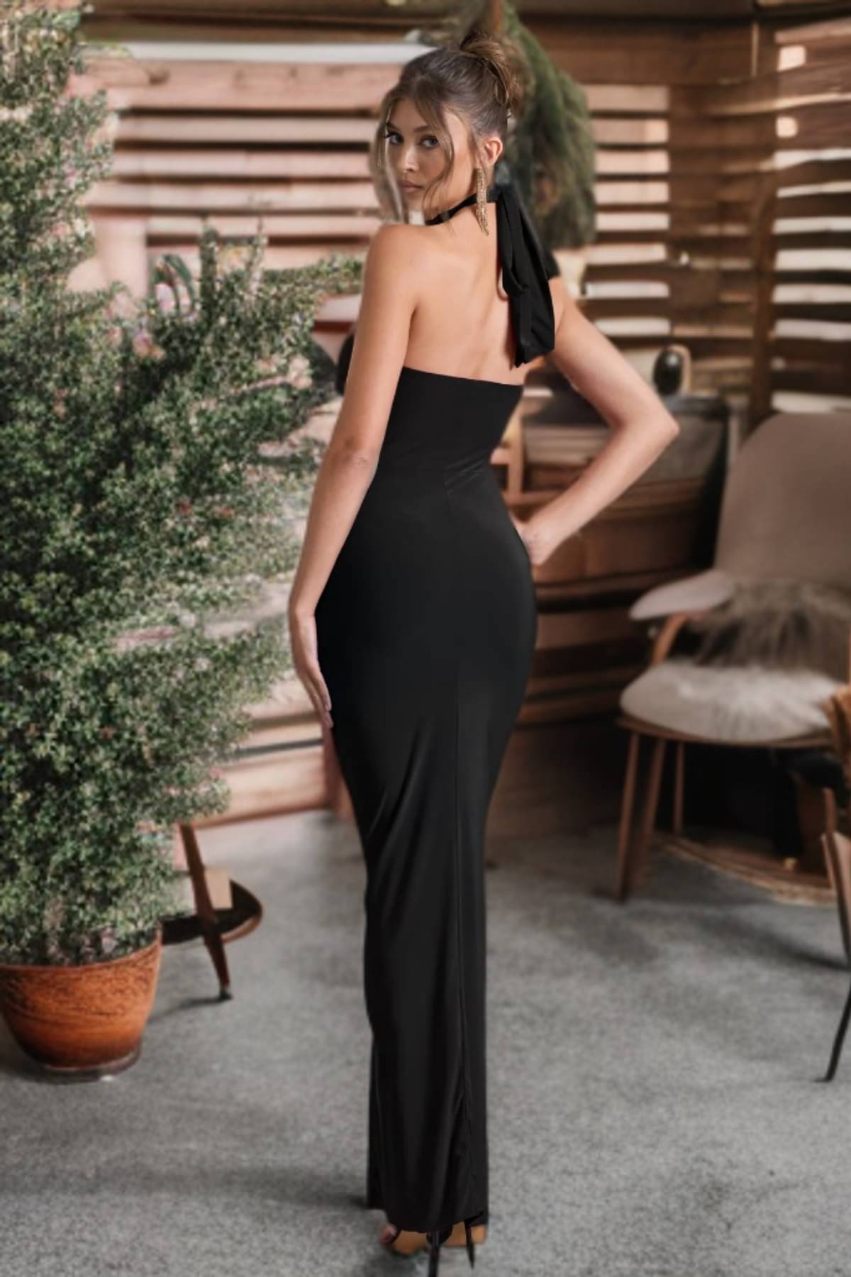 Traquila Women Lycra Solid Side Slit Dress ( Black ) Traquila Women Lycra Solid Side Slit Dress ( Black )