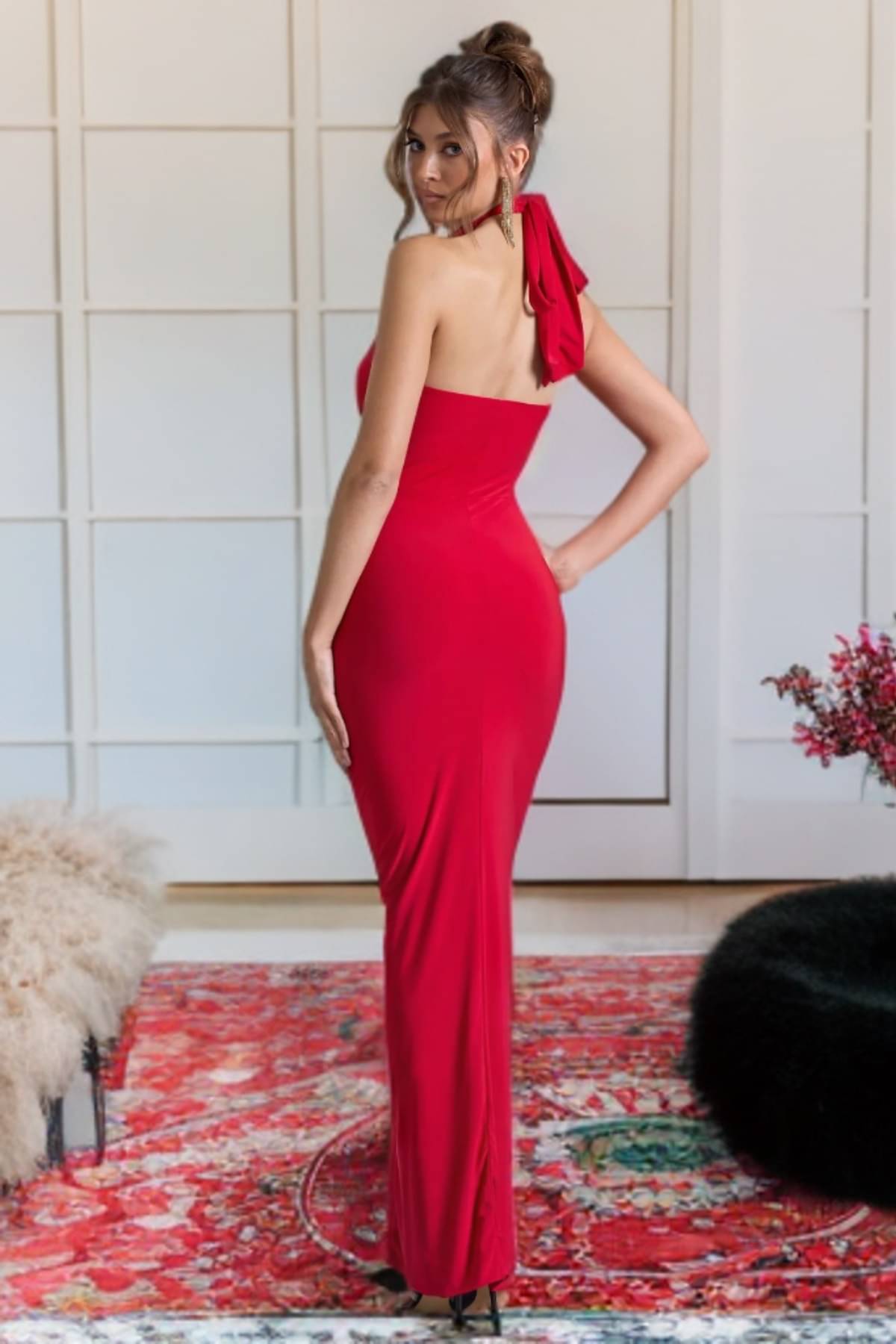     			Traquila Women Lycra Solid Side Slit Dress ( Red )