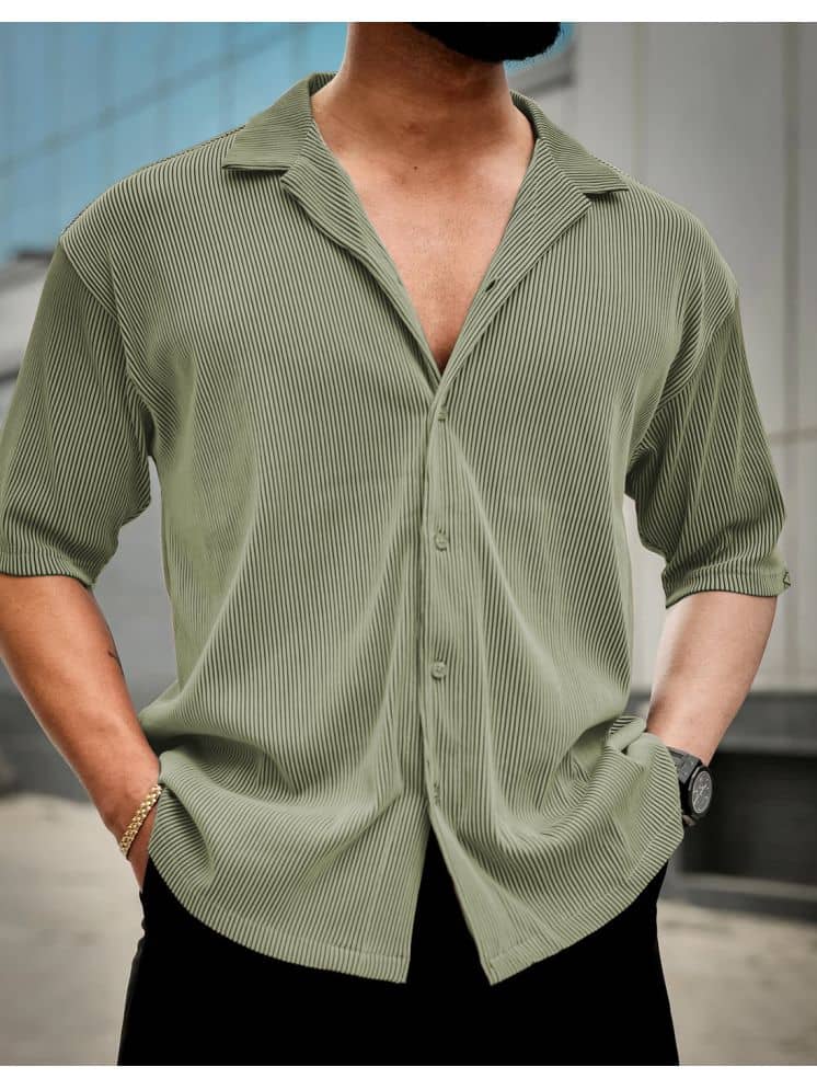 VIOUR Cotton Blend Regular Fit Popcorn Textured Half Sleeves Men's Casual Shirt - Green ( Pack of 1 )