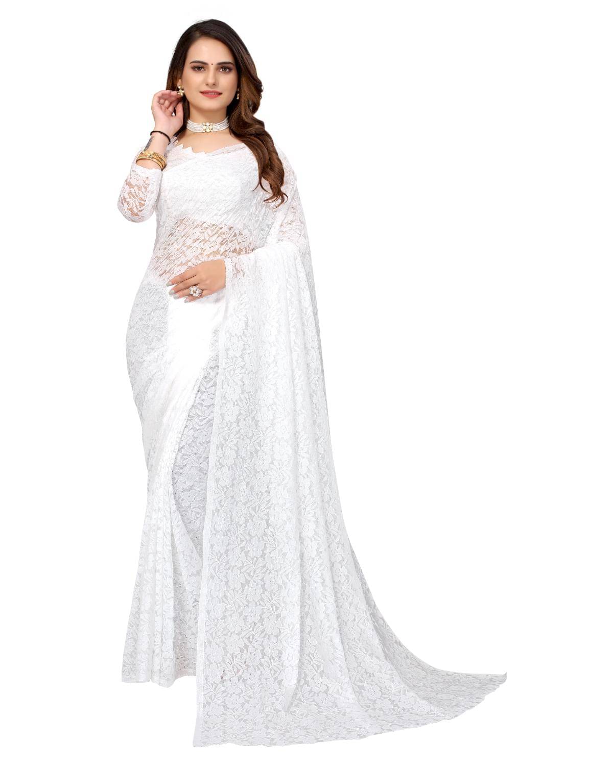     			Vkaran Net Dyed Saree With Unstitched Blouse Piece ( White )