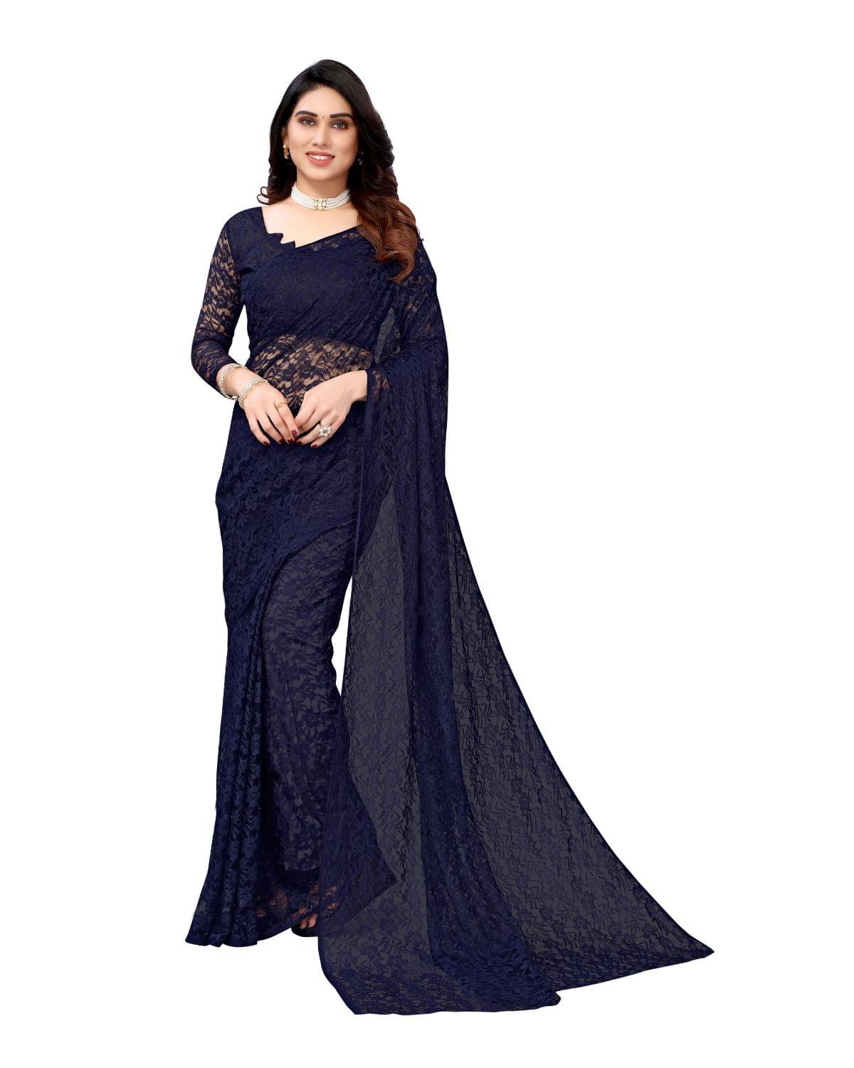     			Vkaran Net Dyed Saree With Unstitched Blouse Piece ( Navy Blue )