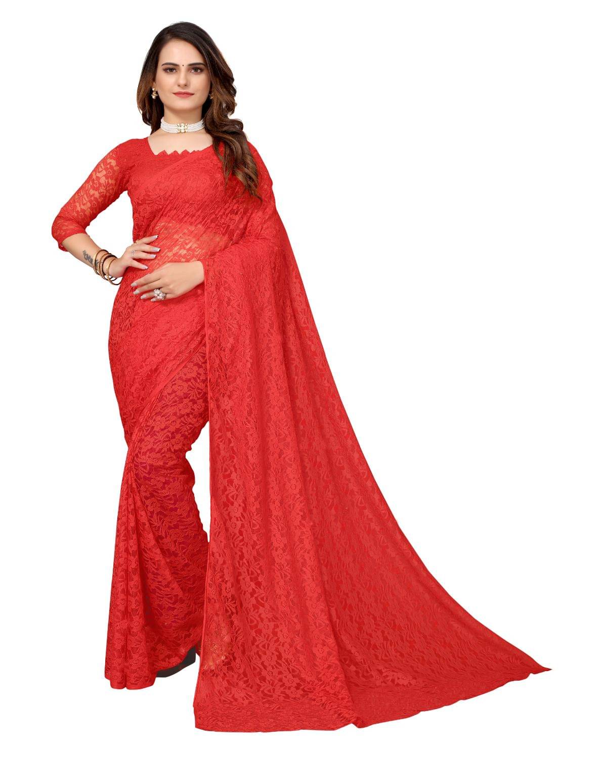 Vkaran Net Dyed Saree With Unstitched Blouse Piece ( Red ) Vkaran Net Dyed Saree With Unstitched Blouse Piece ( Red )