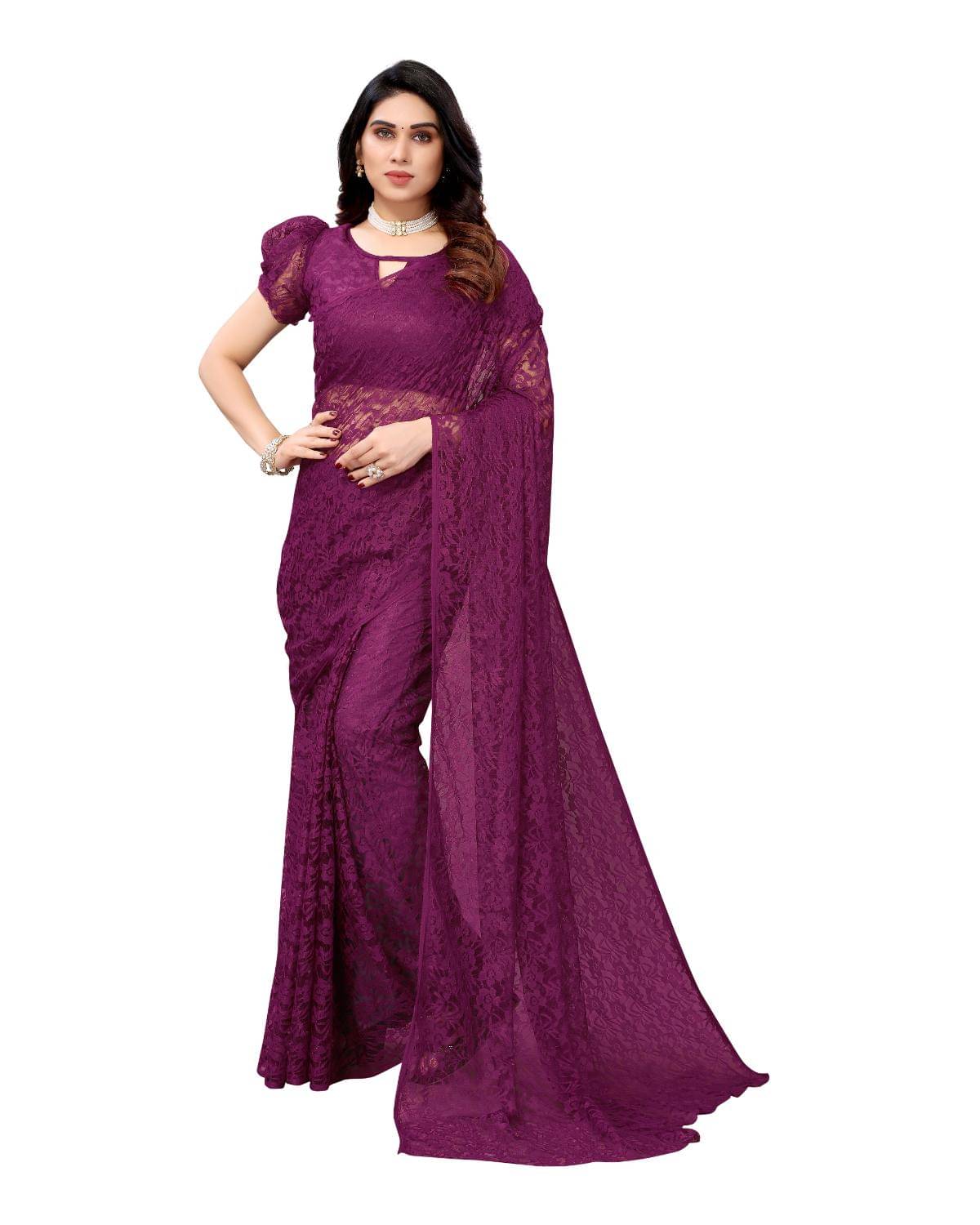     			Vkaran Net Dyed Saree With Unstitched Blouse Piece ( Purple )