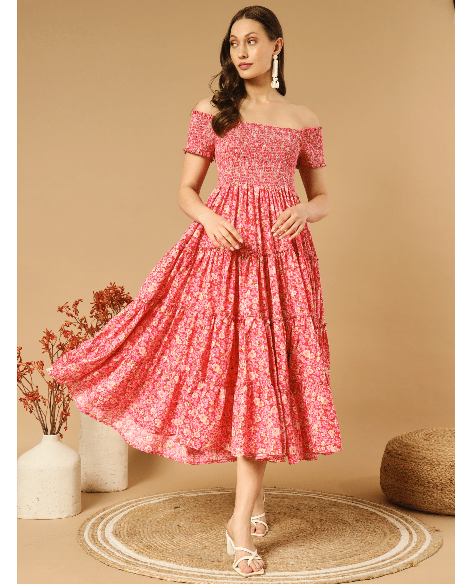 ZWERLON Crepe Printed Midi Women's Off Shoulder Dress - Pink ( Pack of 1 ) ZWERLON Crepe Printed Midi Women's Off Shoulder Dress - Pink ( Pack of 1 )