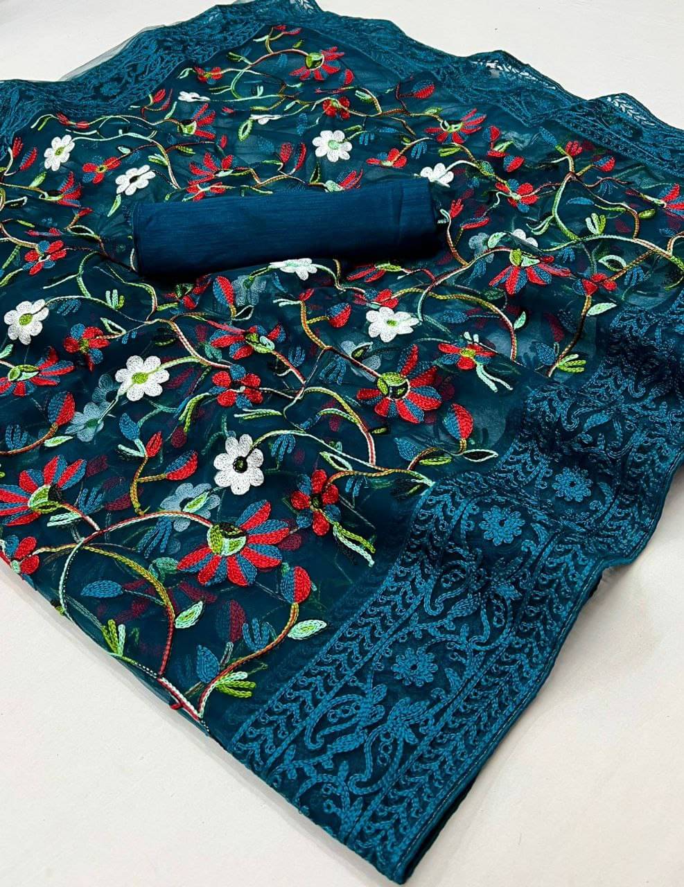 Arkia Net Embellished Saree With Unstitched Blouse Piece ( Rama ) Arkia Net Embellished Saree With Unstitched Blouse Piece ( Rama )