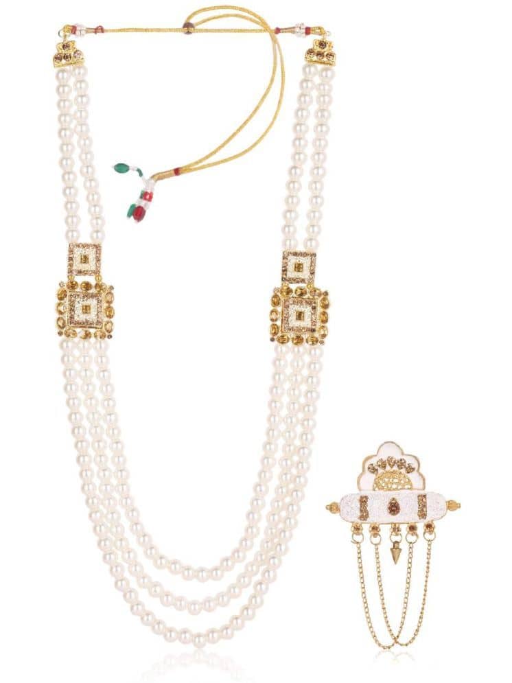 Dulha groom sherwani Necklace/Moti Mala for Men for wedding | Groom Mala and Brooch Set - Jewellery Sets | Buy online on ZillyBuy