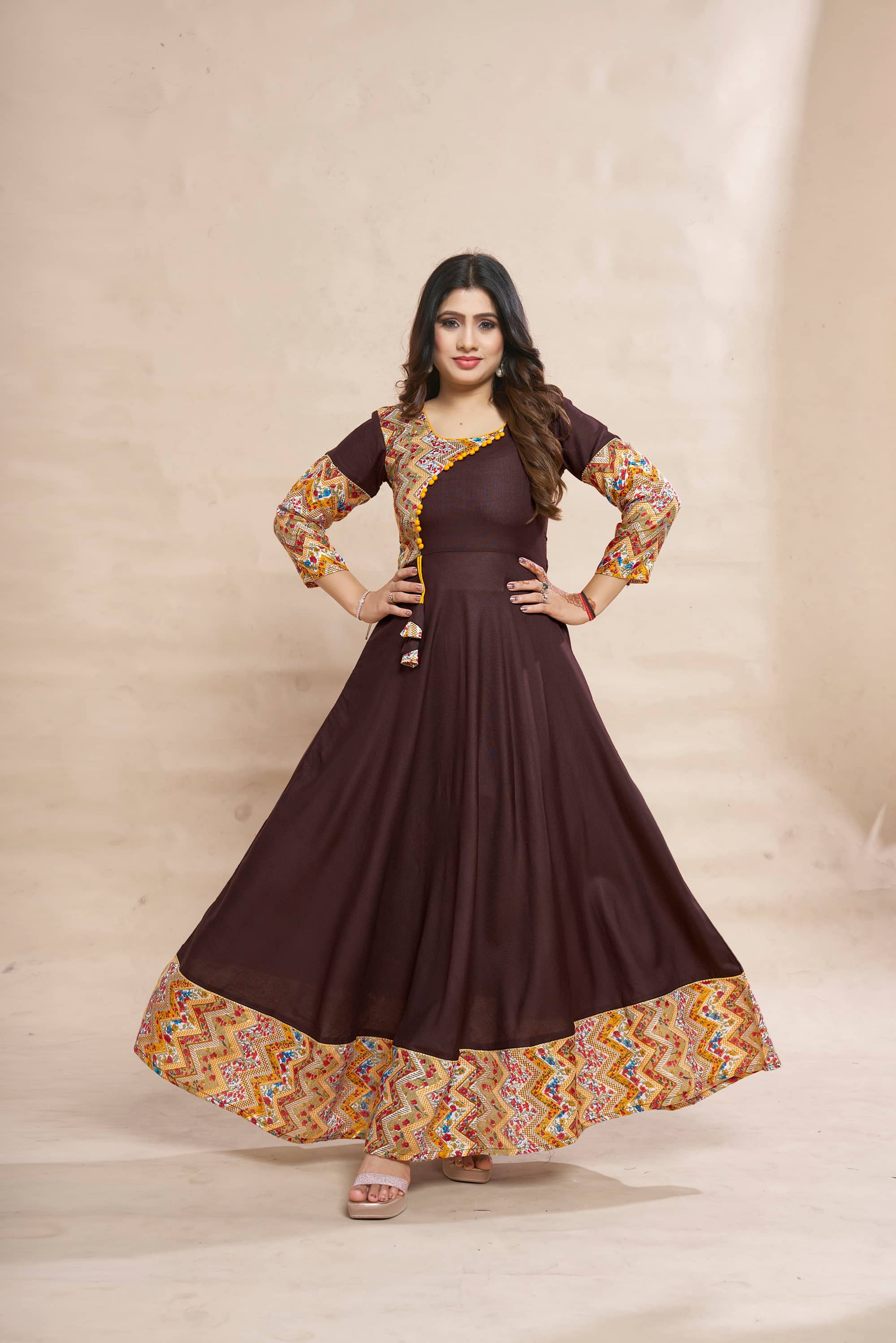 MEESORRA Rayon Printed Anarkali Women's Kurti - Coffee ( Pack of 1 ) - Kurtis, Tunics | Buy online on ZillyBuy