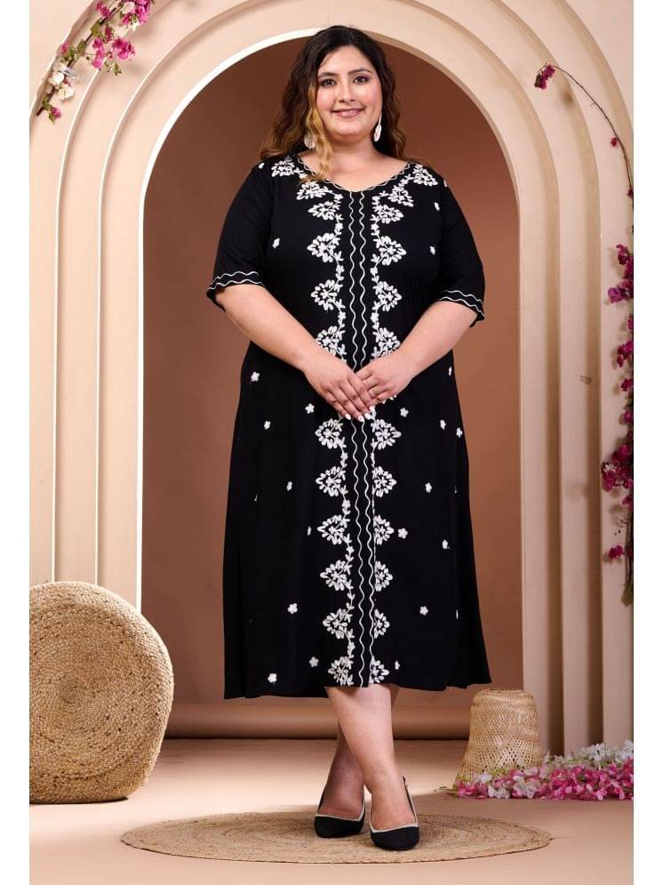     			PrettyPlus by Desinoor.com Women Rayon Printed A-line Dress ( Black )