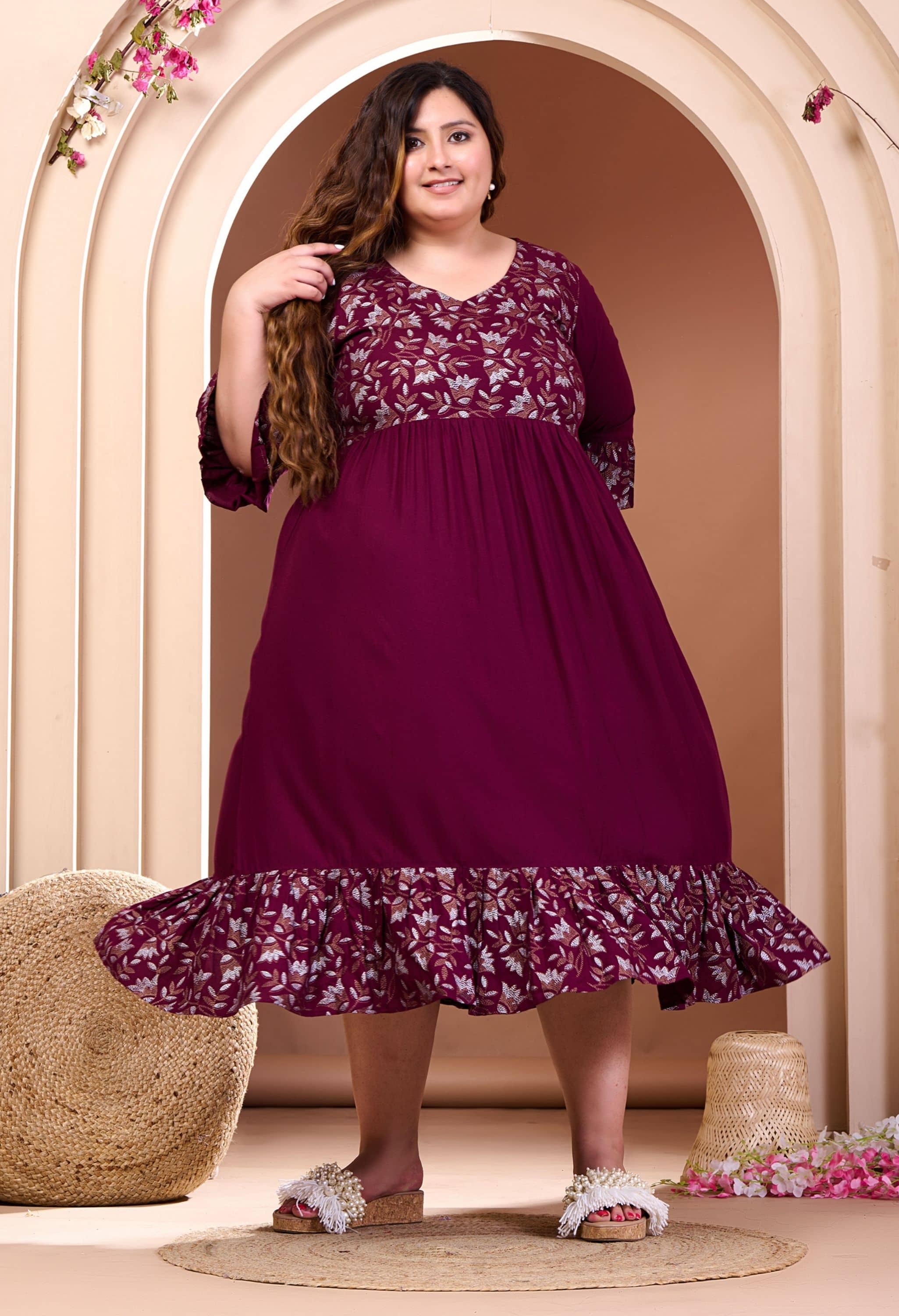 PrettyPlus by Desinoor.com Women Rayon Printed Fit & Flare Dress ( Wine )