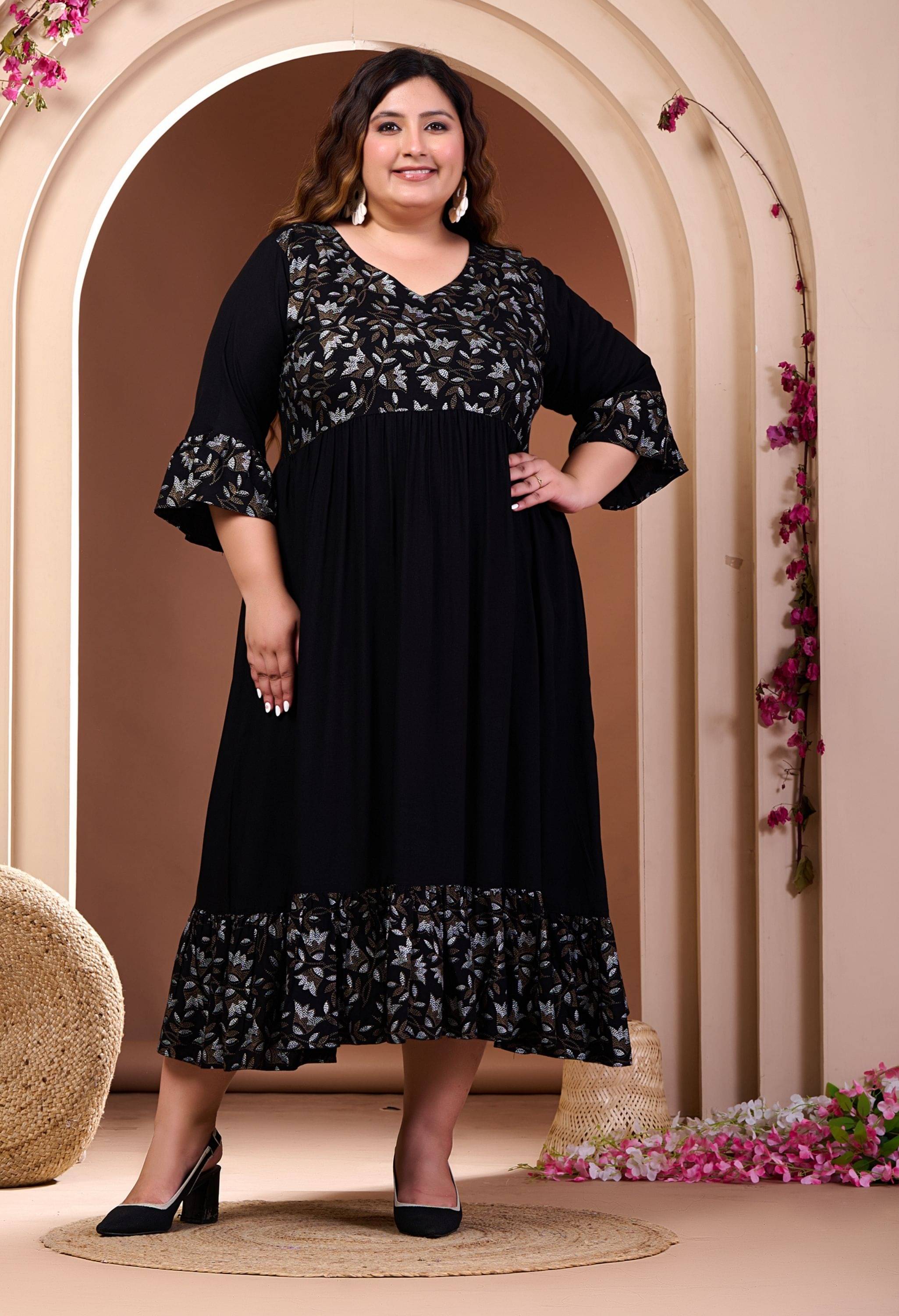     			PrettyPlus by Desinoor.com Women Rayon Printed Fit & Flare Dress ( Black )