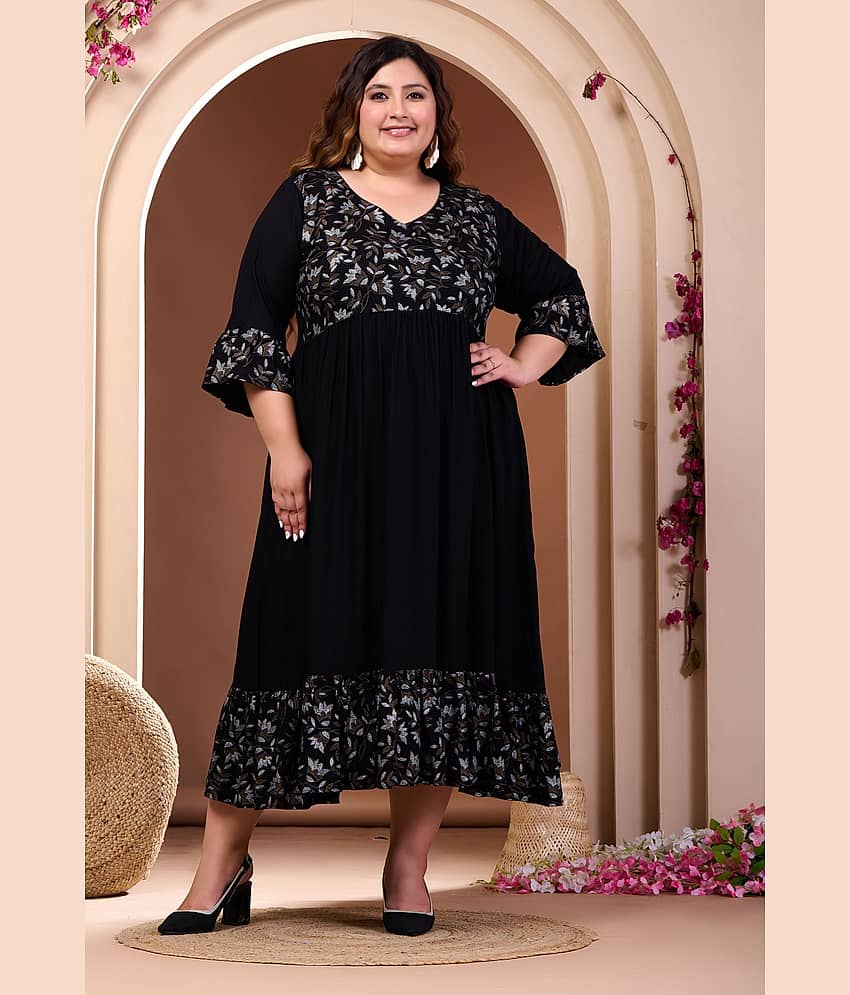 PrettyPlus by Desinoor.com Women Rayon Printed Fit & Flare Dress ( Black )