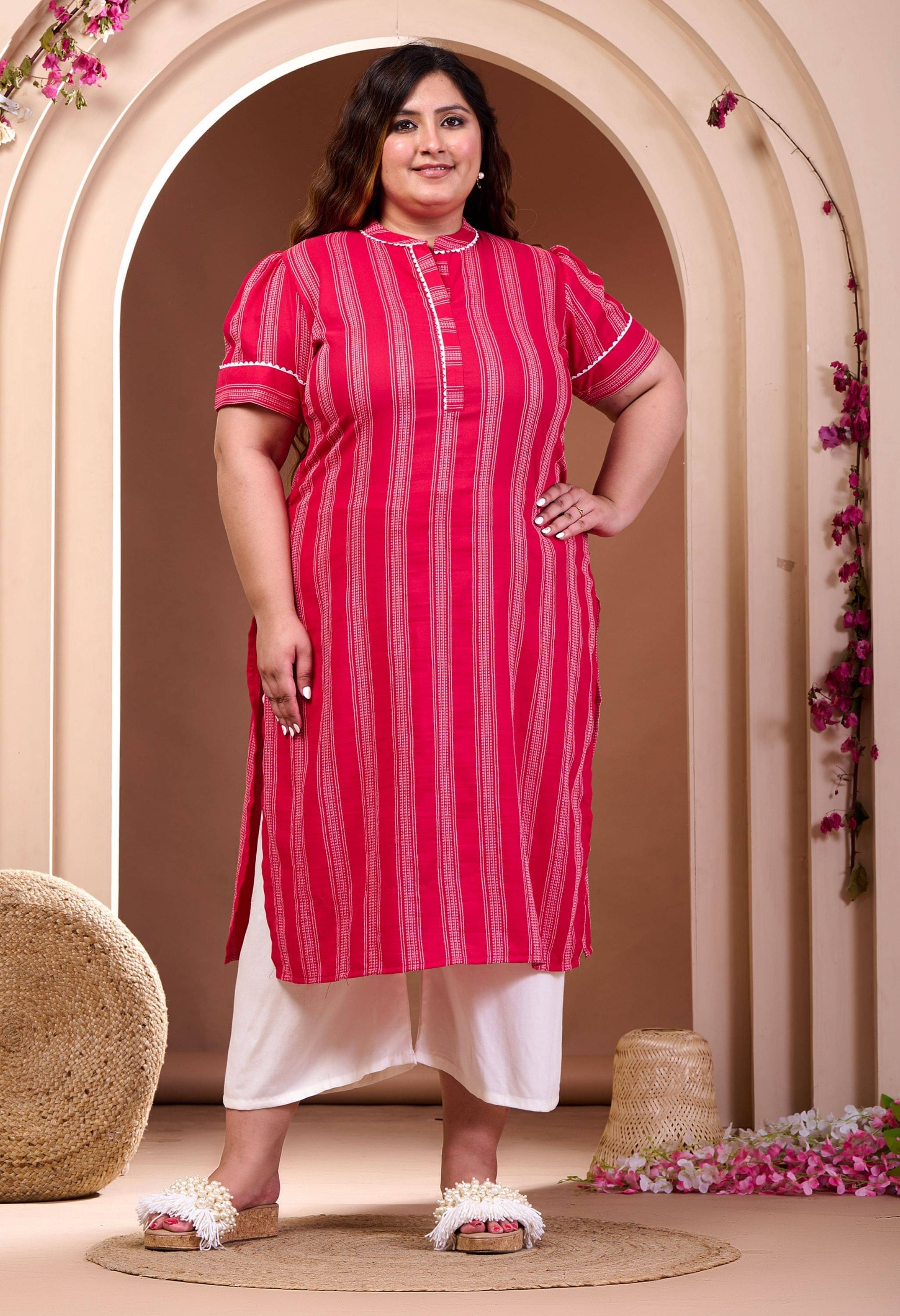 PrettyPlus by Desinoor.com Rayon Striped Kurti With Palazzo Women's Stitched Salwar Suit - Pink ( Pack of 1 ) PrettyPlus by Desinoor.com Rayon Striped Kurti With Palazzo Women's Stitched Salwar Suit - Pink ( Pack of 1 )