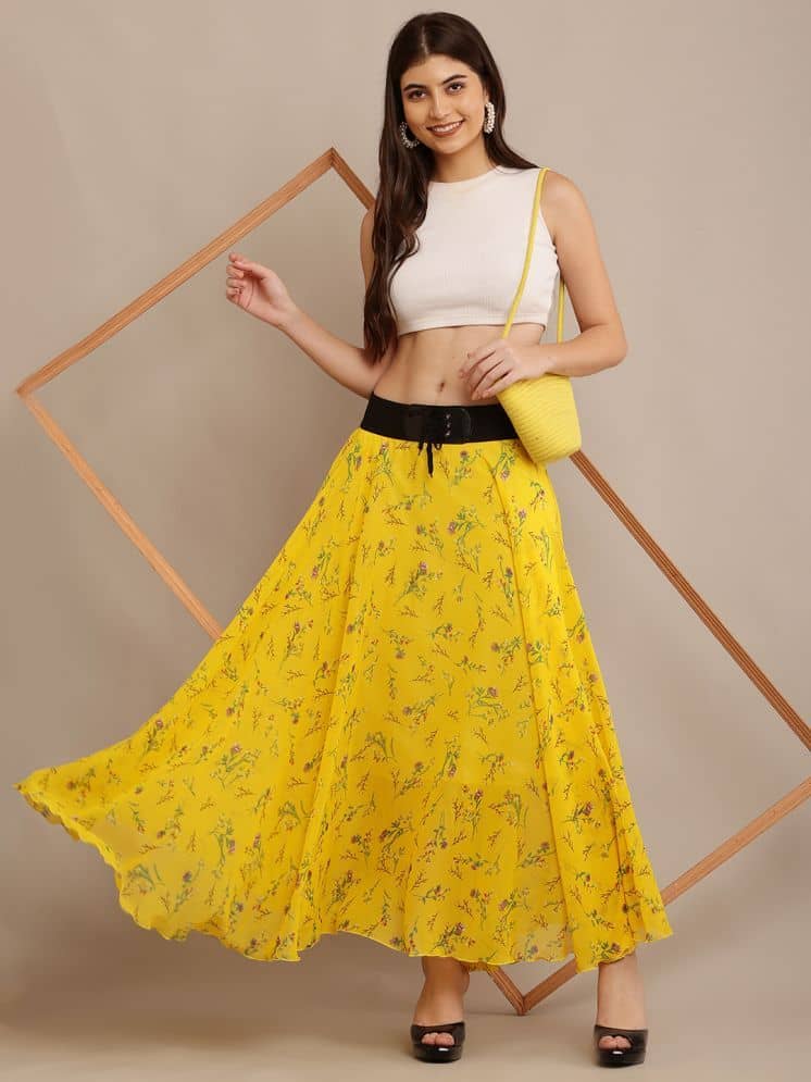 Raabta Fashion Yellow Georgette Women's Flared Skirt ( Pack of 1 )