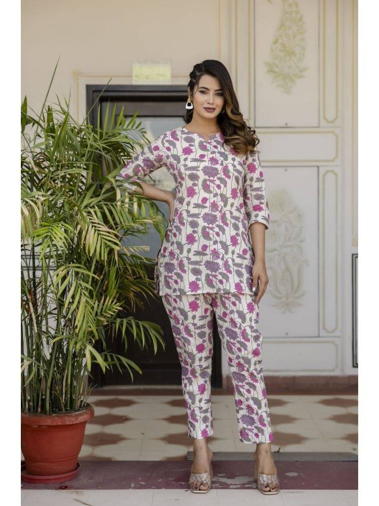     			Antaran Cotton Printed Kurti With Pants Women's Stitched Salwar Suit - Off White ( Pack of 1 )