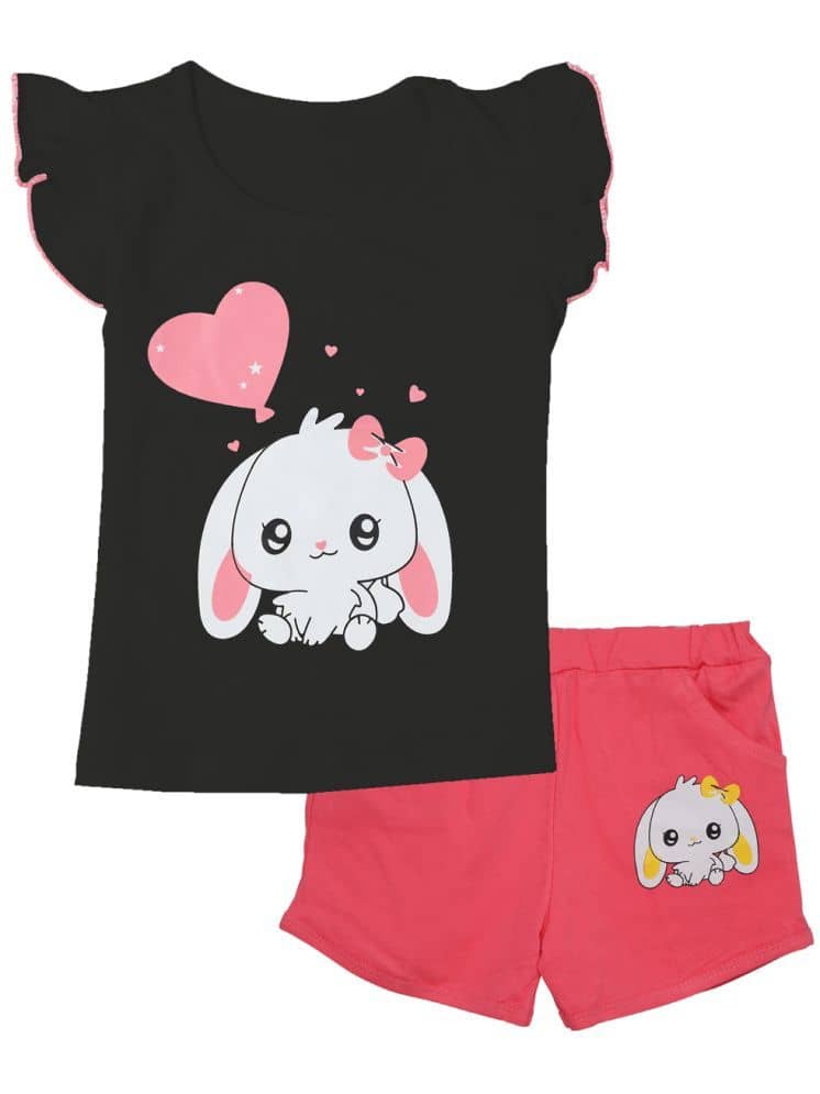 CATCUB Pack of 1 Girls Cotton Top With Shorts ( Black )