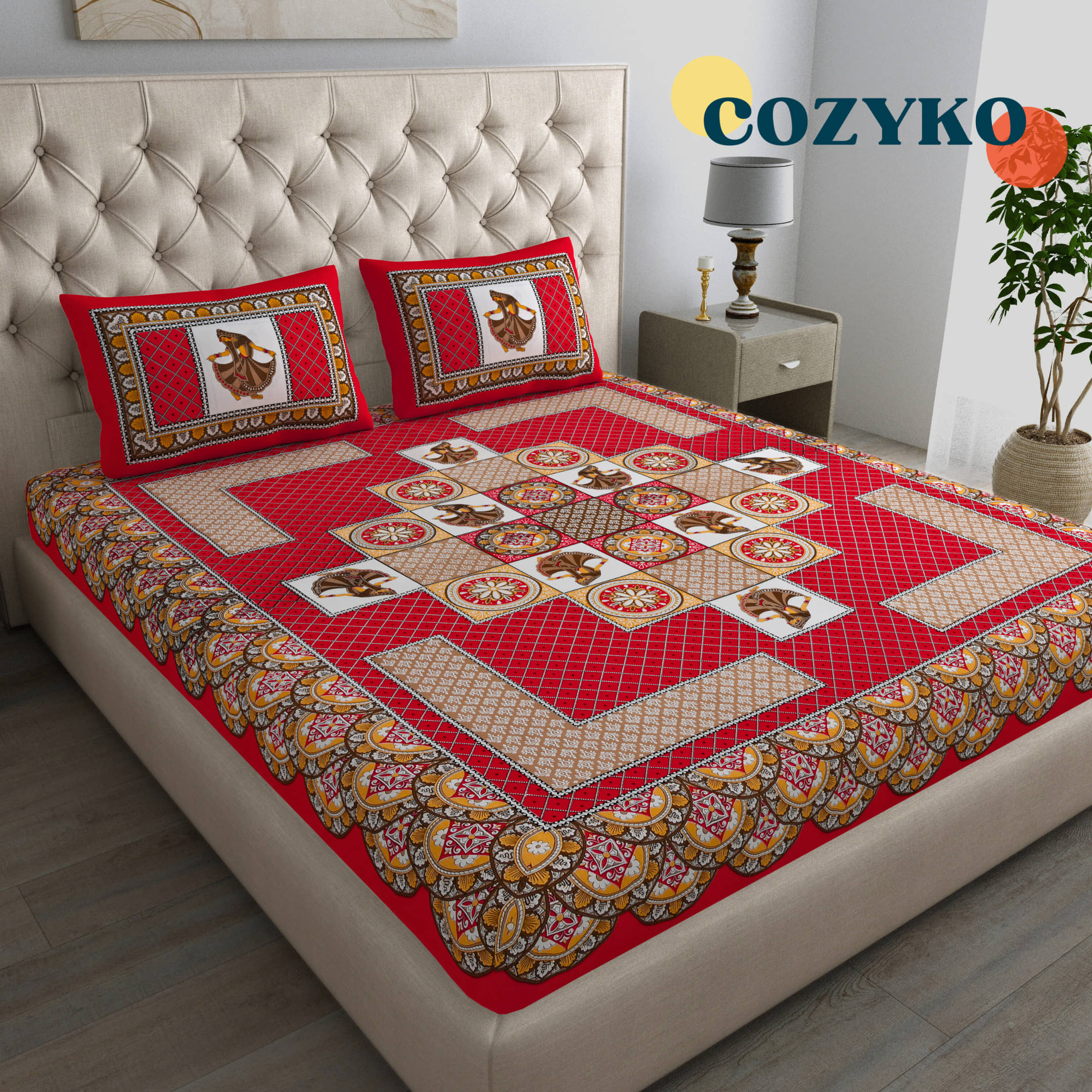 COZYKO Cotton 1 Double Bedsheet with 2 Pillow Covers ( Red )