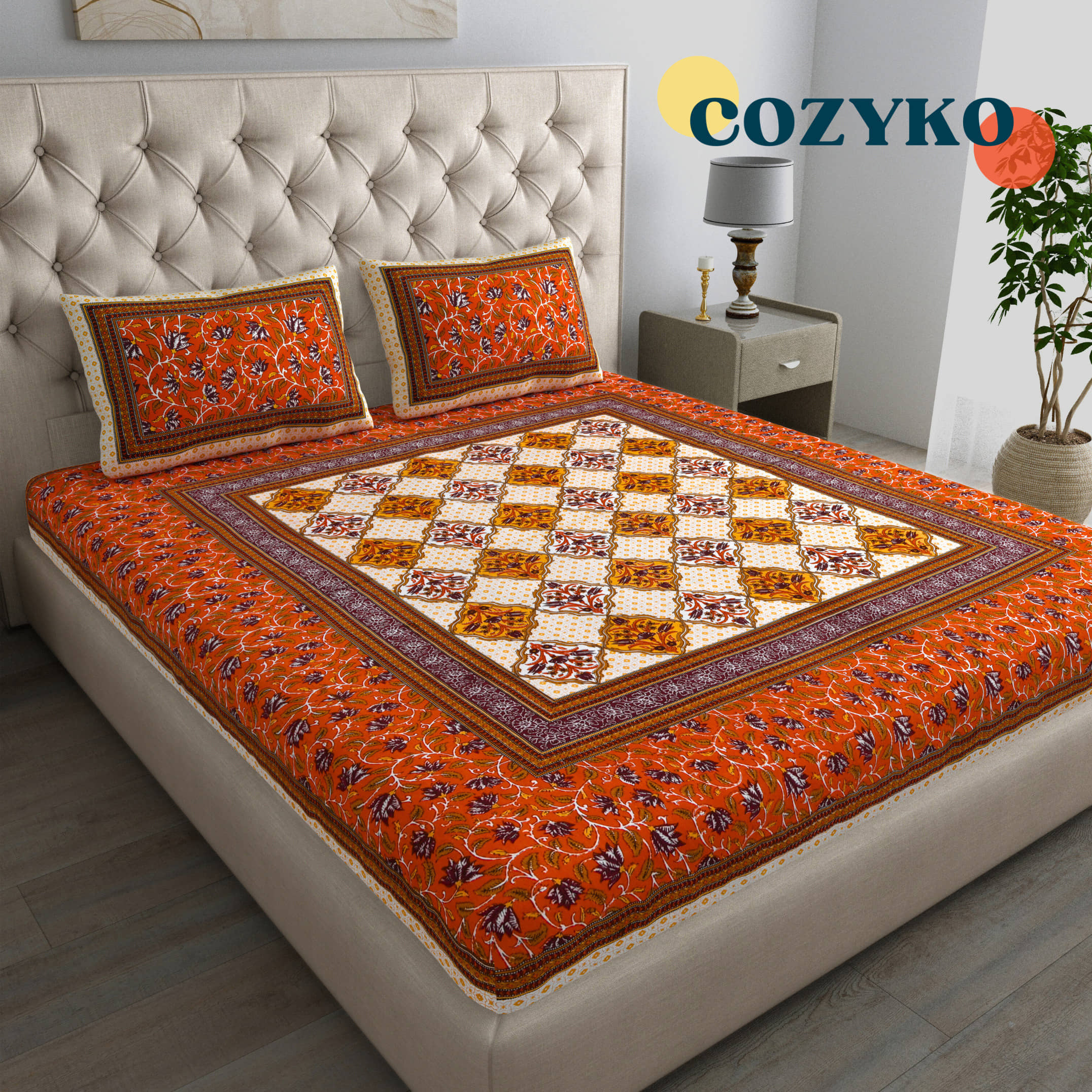 COZYKO Cotton 1 Double Bedsheet with 2 Pillow Covers ( Peach )