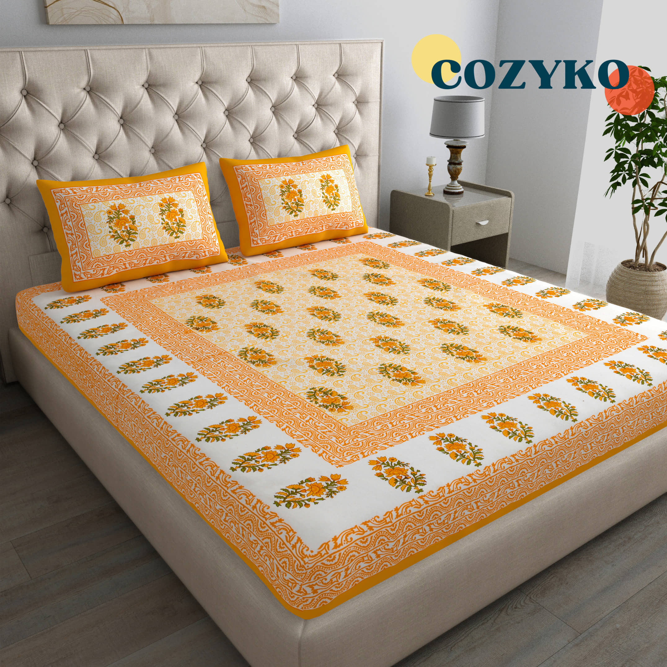 COZYKO Cotton 1 Double Bedsheet with 2 Pillow Covers ( Yellow )