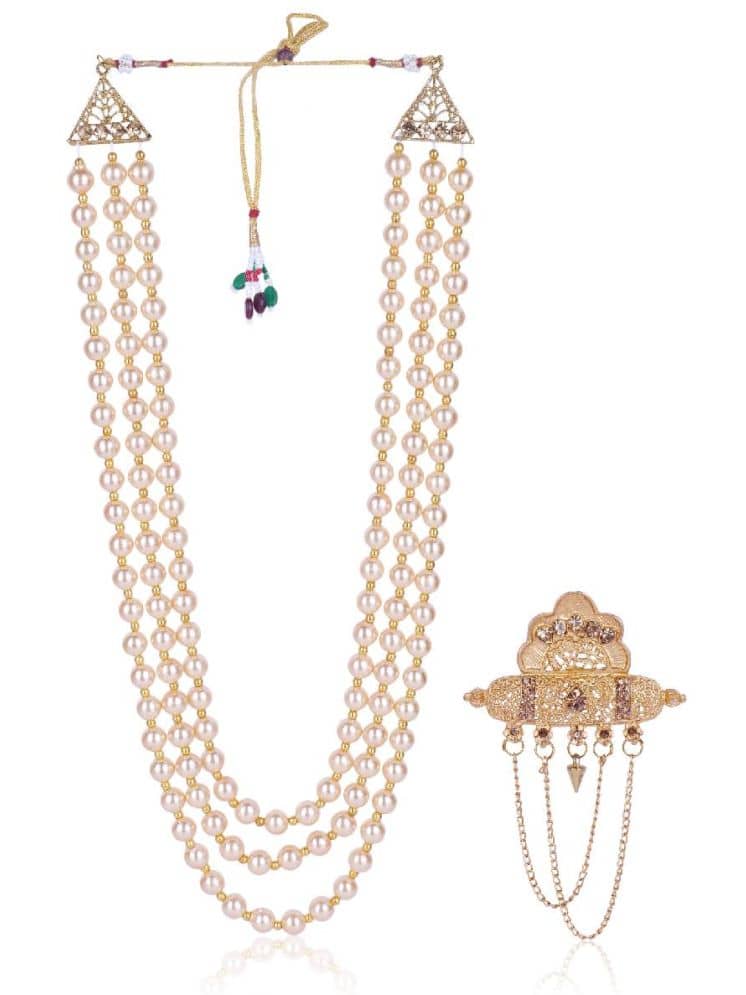 Dulha groom sherwani Necklace/Moti Mala for Men for wedding | Groom Mala and Brooch Set - Jewellery Sets | Buy online on ZillyBuy