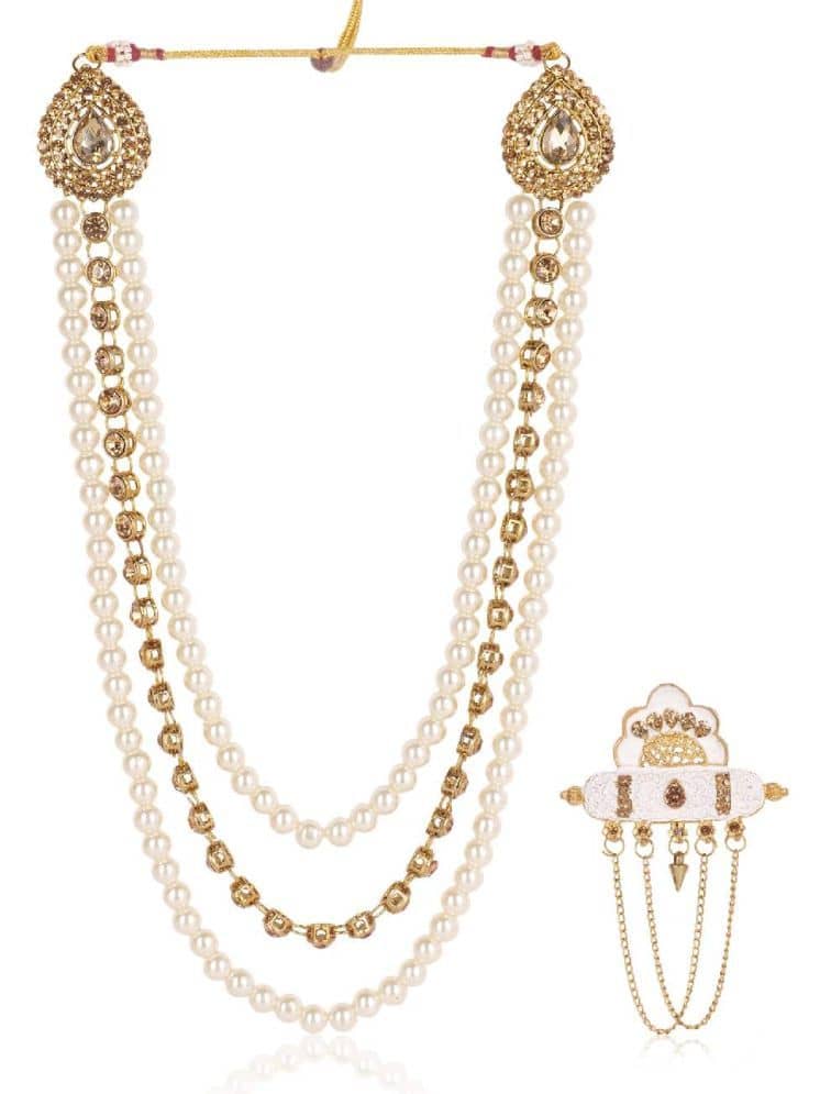 Dulha groom sherwani Necklace/Moti Mala for Men for wedding | Groom Mala and Brooch Set - Jewellery Sets | Buy online on ZillyBuy