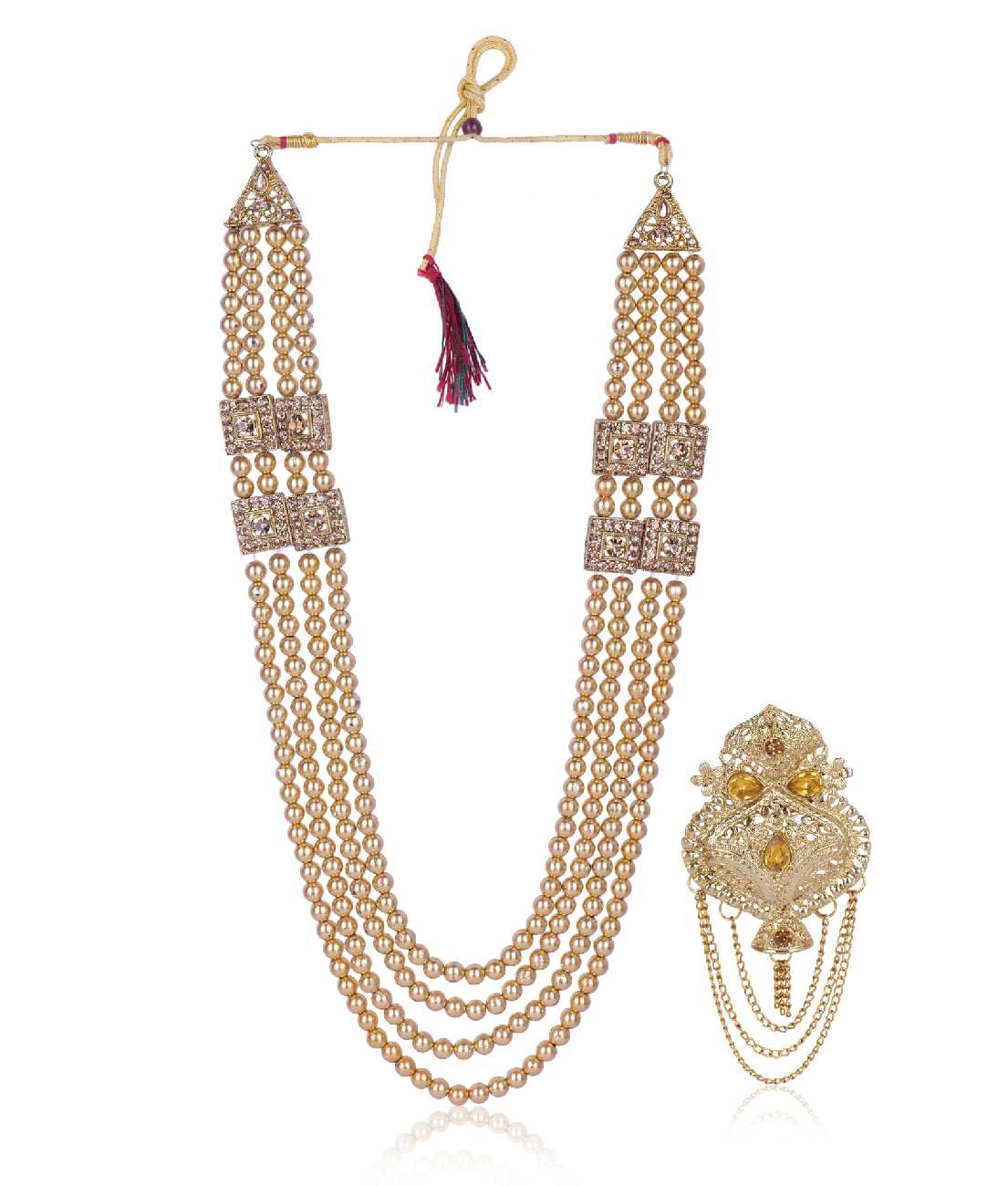    			Dulha groom sherwani Necklace/Moti Mala for Men for wedding | Groom Mala and Brooch Set
