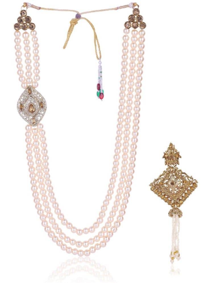 Dulha groom sherwani Necklace/Moti Mala for Men for wedding | Groom Mala and Brooch Set - Jewellery Sets | Buy online on ZillyBuy