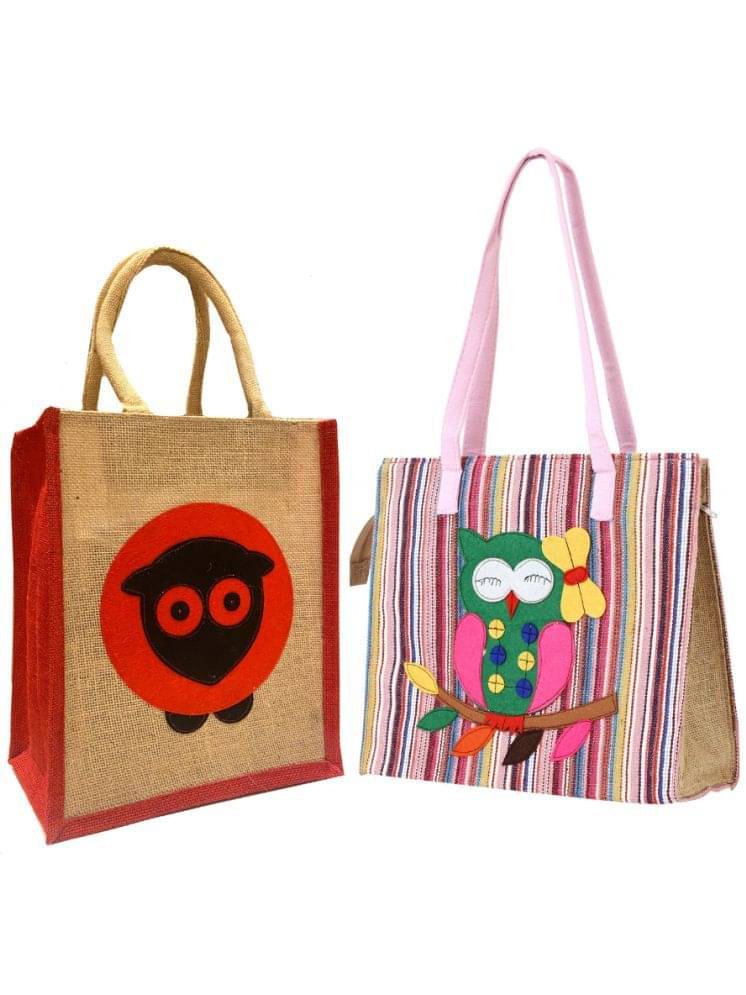     			ENSAC Handheld Bag Jute Set of 2 ( Green )
